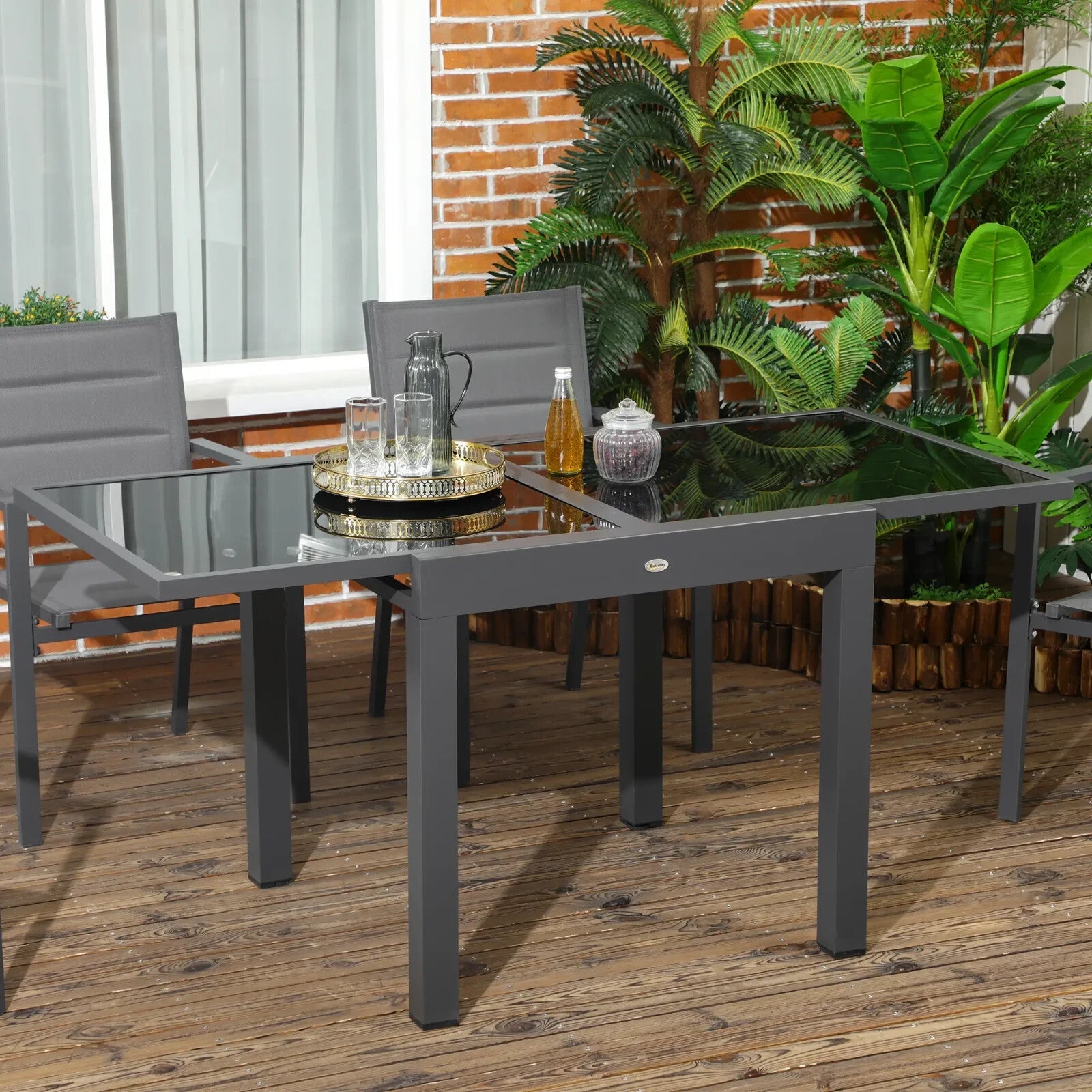 Outdoor Extending Garden Dining Table w/ Aluminium Frame & Glass Tabletop Black - Home and Garden Furniture Shop - rustic - furniture