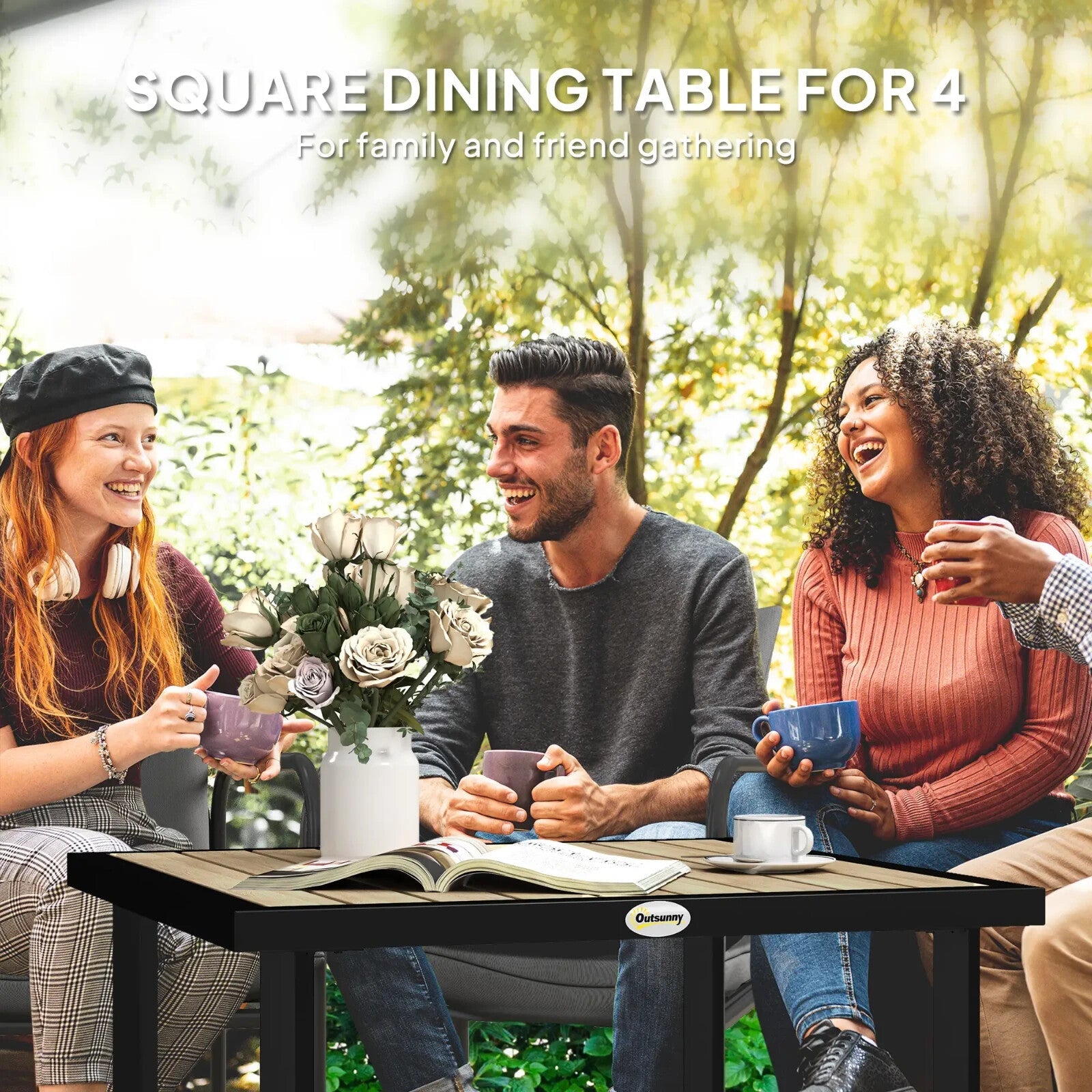 Outdoor Garden Dining Table Square Metal Frame Slatted Top With Parasol Hole - Home and Garden Furniture Shop - rustic - furniture