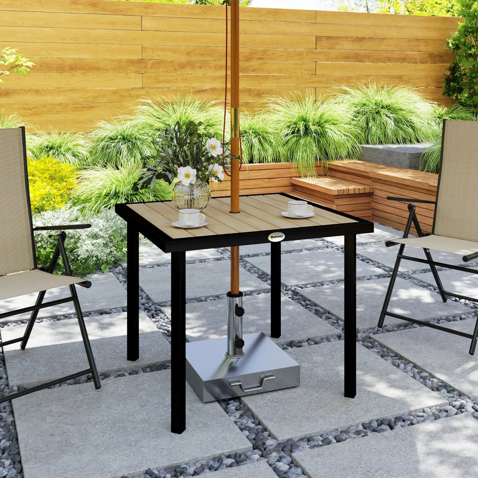 Outdoor Garden Dining Table Square Metal Frame Slatted Top With Parasol Hole - Home and Garden Furniture Shop - rustic - furniture