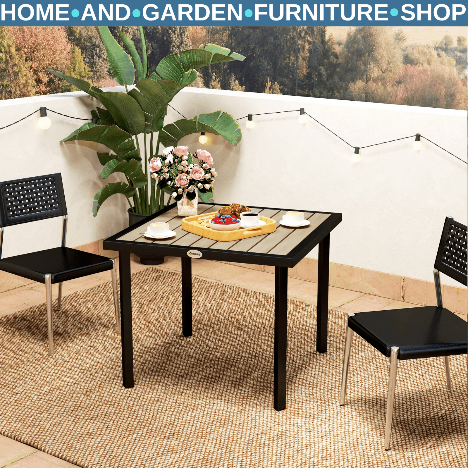 Outdoor Garden Dining Table Square Metal Frame Slatted Top With Parasol Hole - Home and Garden Furniture Shop - rustic - furniture