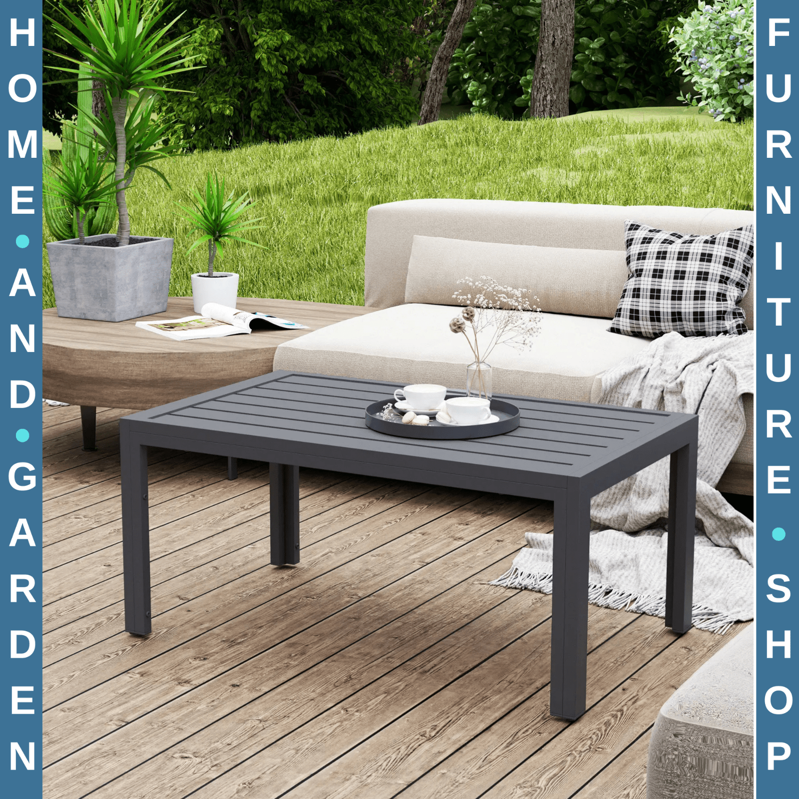 Outdoor Garden Side Table with Adjustable Pads Steel Frame and Slat Tabletop - Home and Garden Furniture Shop - #rustic - furniture#