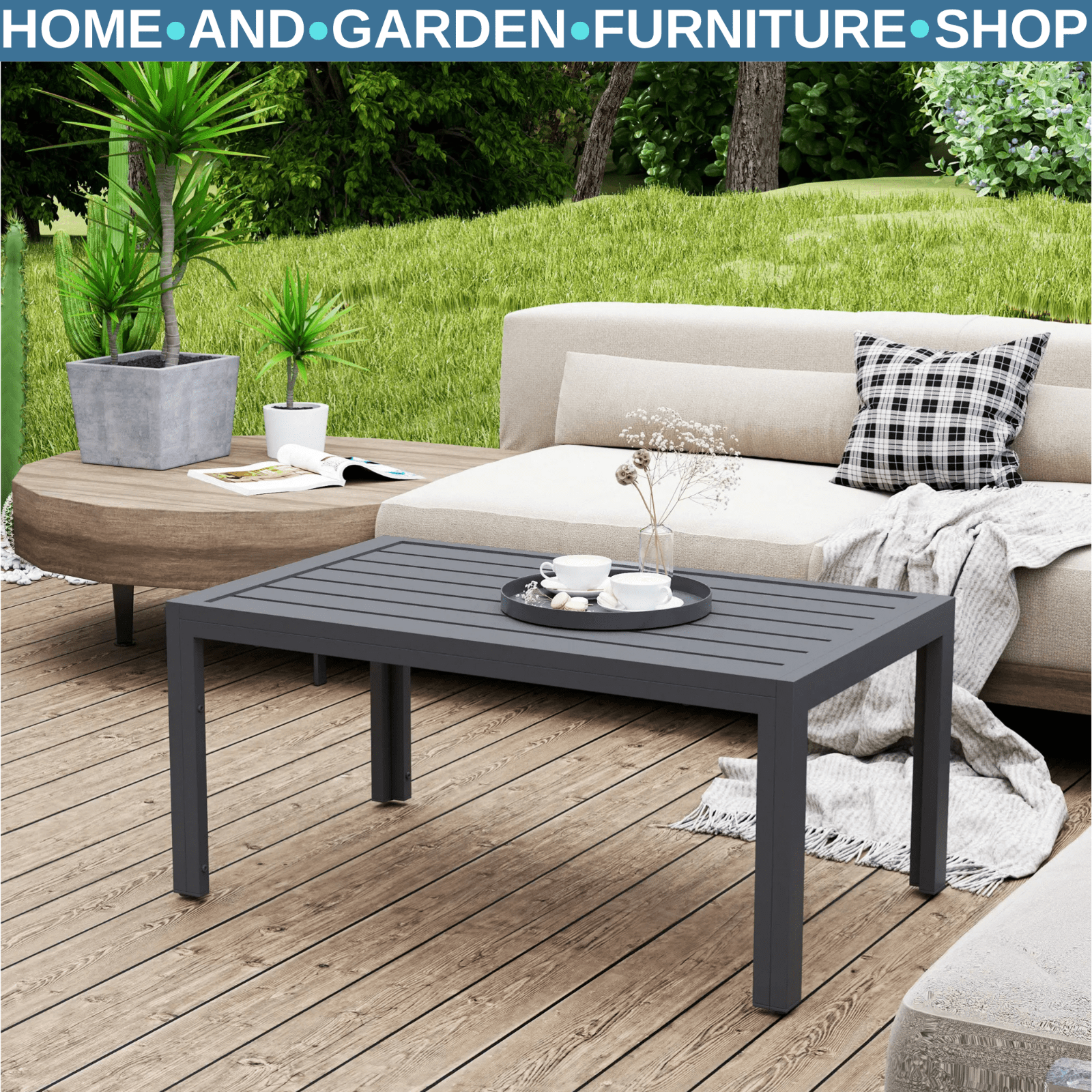 Outdoor Garden Side Table with Adjustable Pads Steel Frame and Slat Tabletop - Home and Garden Furniture Shop - #rustic - furniture#