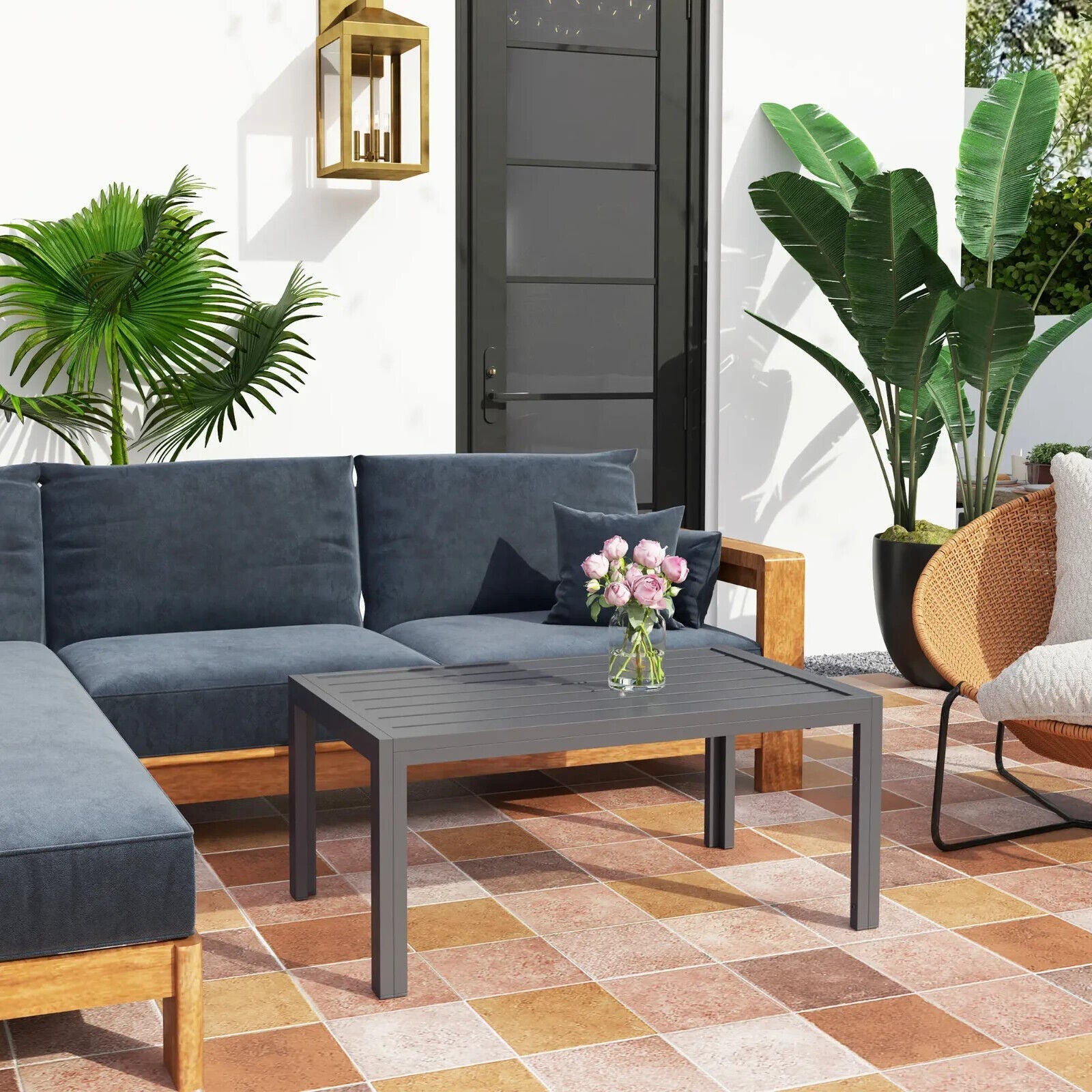 Outdoor Garden Side Table with Adjustable Pads Steel Frame and Slat Tabletop - Home and Garden Furniture Shop - #rustic - furniture#