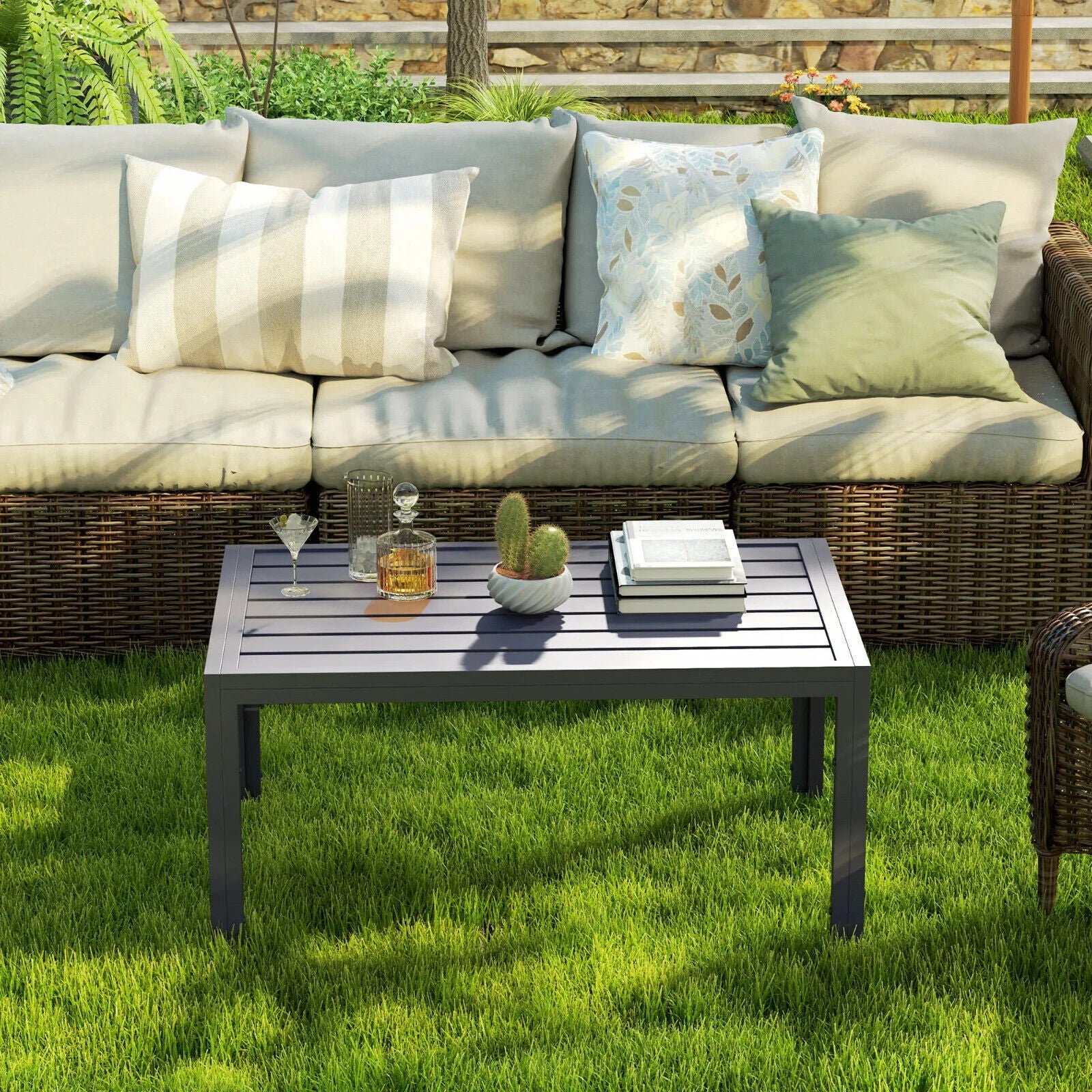 Outdoor Garden Side Table with Adjustable Pads Steel Frame and Slat Tabletop - Home and Garden Furniture Shop - #rustic - furniture#