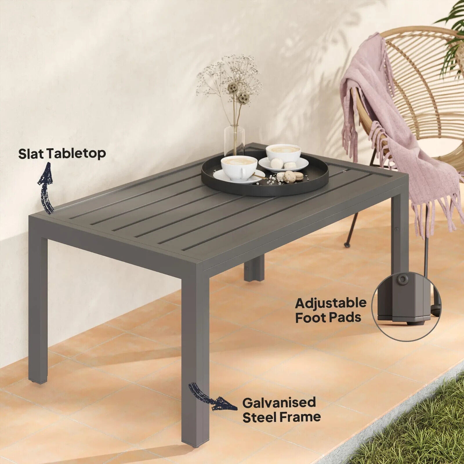 Outdoor Garden Side Table with Adjustable Pads Steel Frame and Slat Tabletop - Home and Garden Furniture Shop - #rustic - furniture#