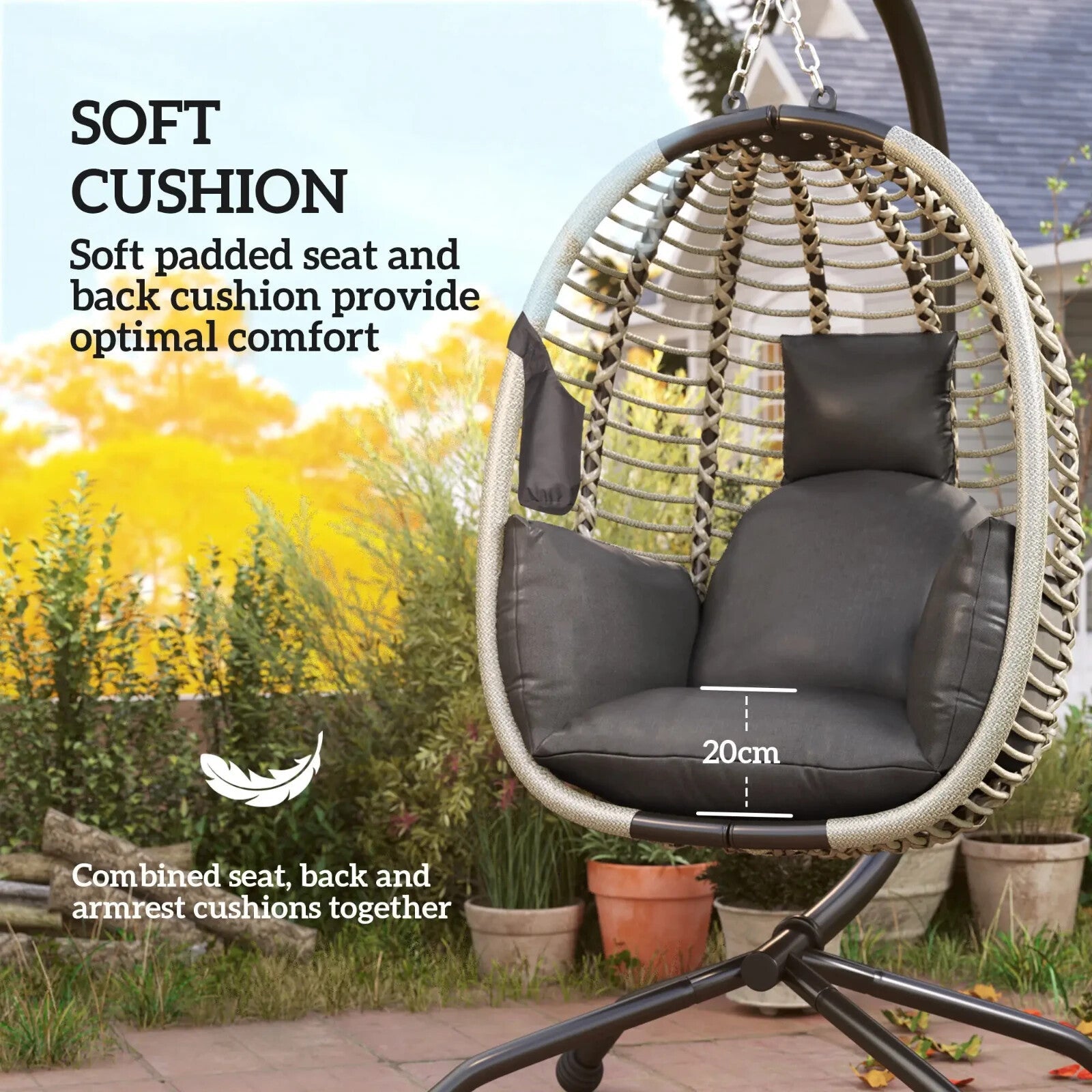 Outdoor Hanging Swing Chair w/ Cushion Foldable Basket & Metal Stand for Garden - Home and Garden Furniture Shop - rustic - furniture