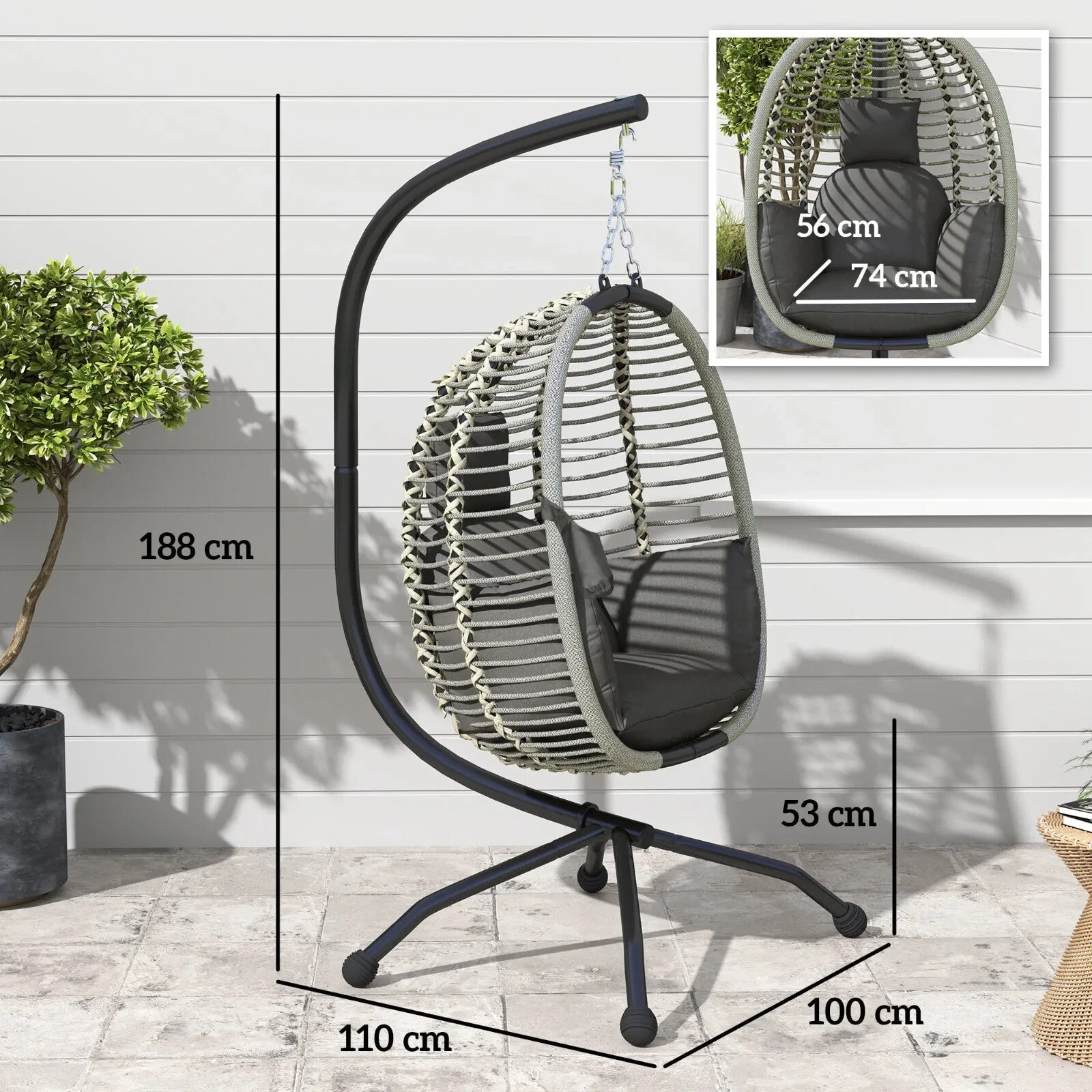 Outdoor Hanging Swing Chair w/ Cushion Foldable Basket & Metal Stand for Garden - Home and Garden Furniture Shop - rustic - furniture
