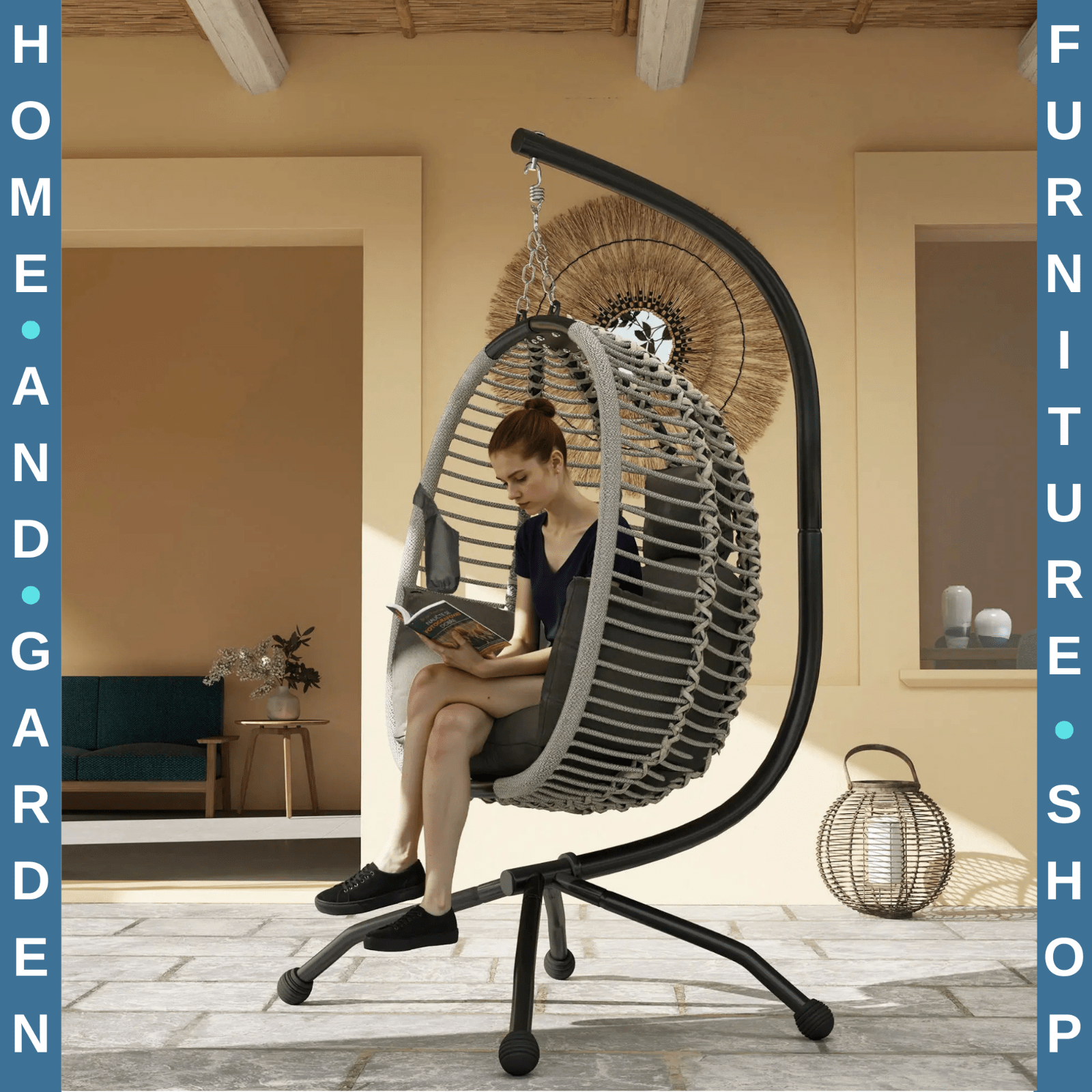 Outdoor Hanging Swing Chair w/ Cushion Foldable Basket & Metal Stand for Garden - Home and Garden Furniture Shop - rustic - furniture