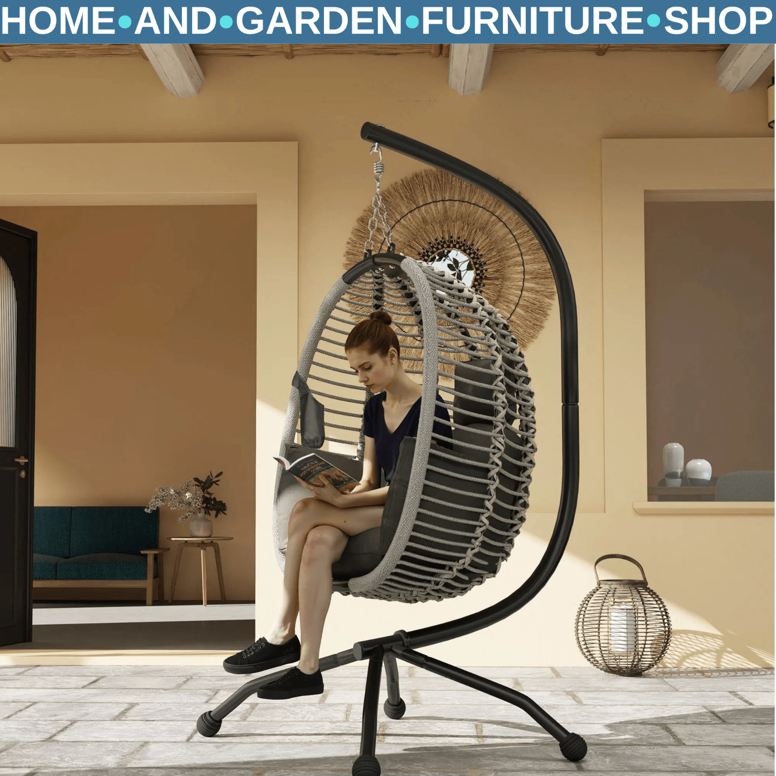 Outdoor Hanging Swing Chair w/ Cushion Foldable Basket & Metal Stand for Garden - Home and Garden Furniture Shop - rustic - furniture