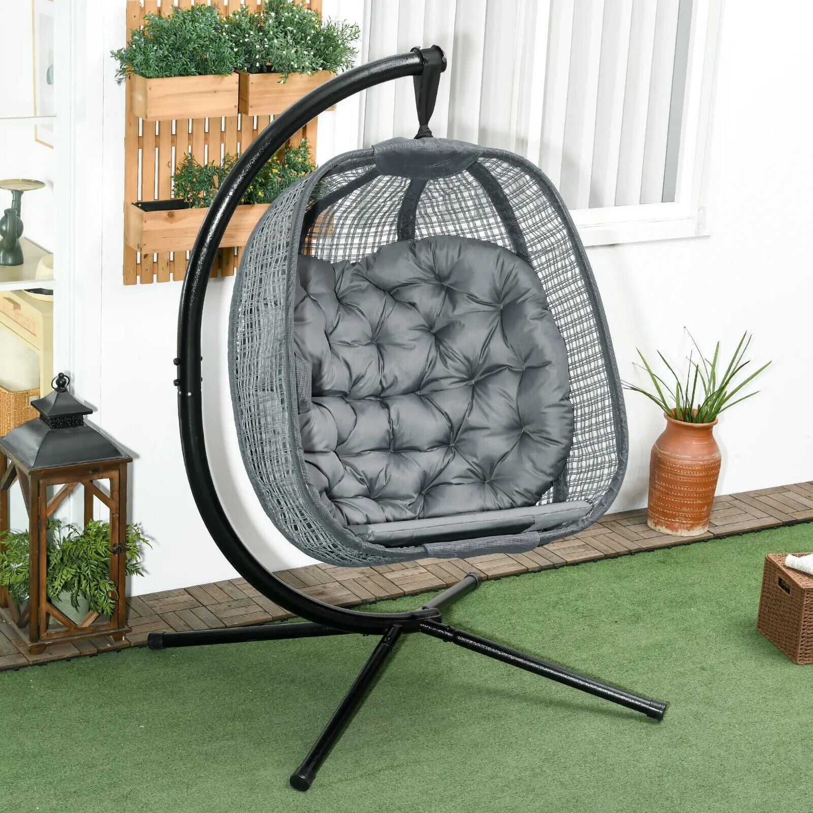 Outdoor Hanging Swing Chair with Thick Cushion Garden Patio Egg Chair Dark Grey - Home and Garden Furniture Shop - #rustic - furniture#