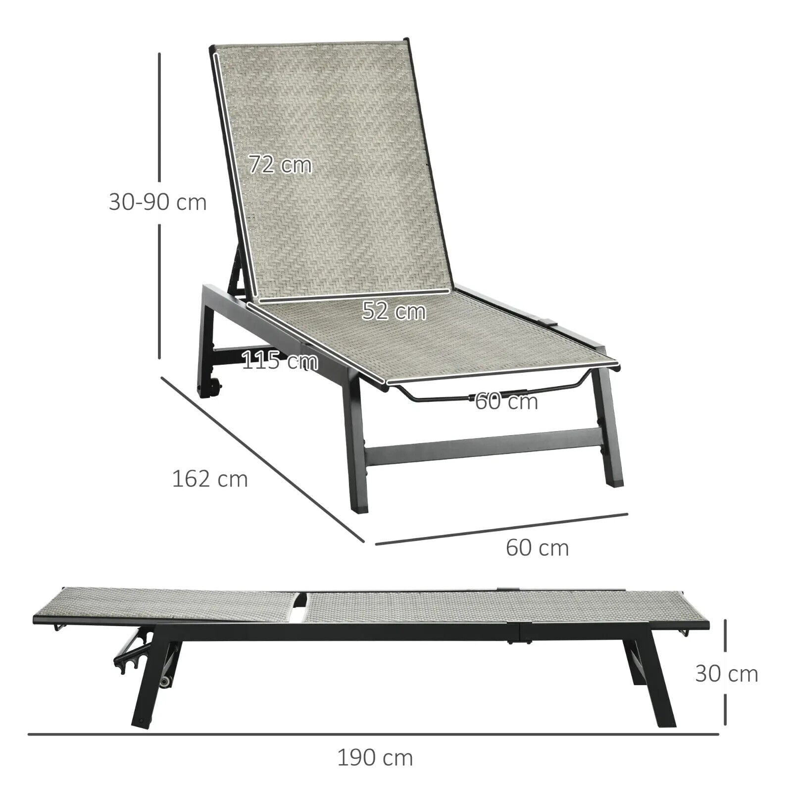 Outdoor PE Rattan Sun Loungers with 5 Position Backrest & Wheel for Garden Grey - Home and Garden Furniture Shop - #rustic - furniture#
