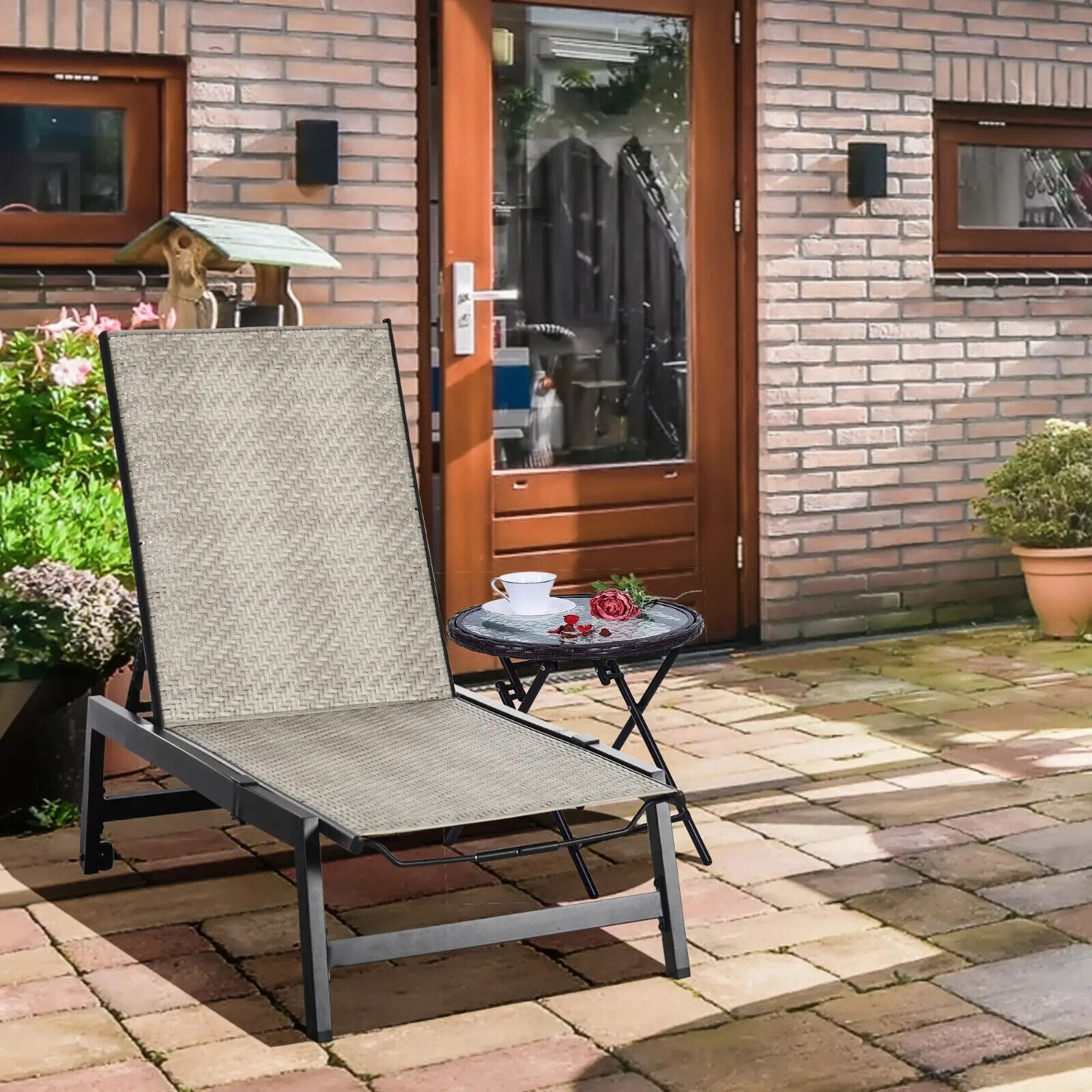 Outdoor PE Rattan Sun Loungers with 5 Position Backrest & Wheel for Garden Grey - Home and Garden Furniture Shop - #rustic - furniture#
