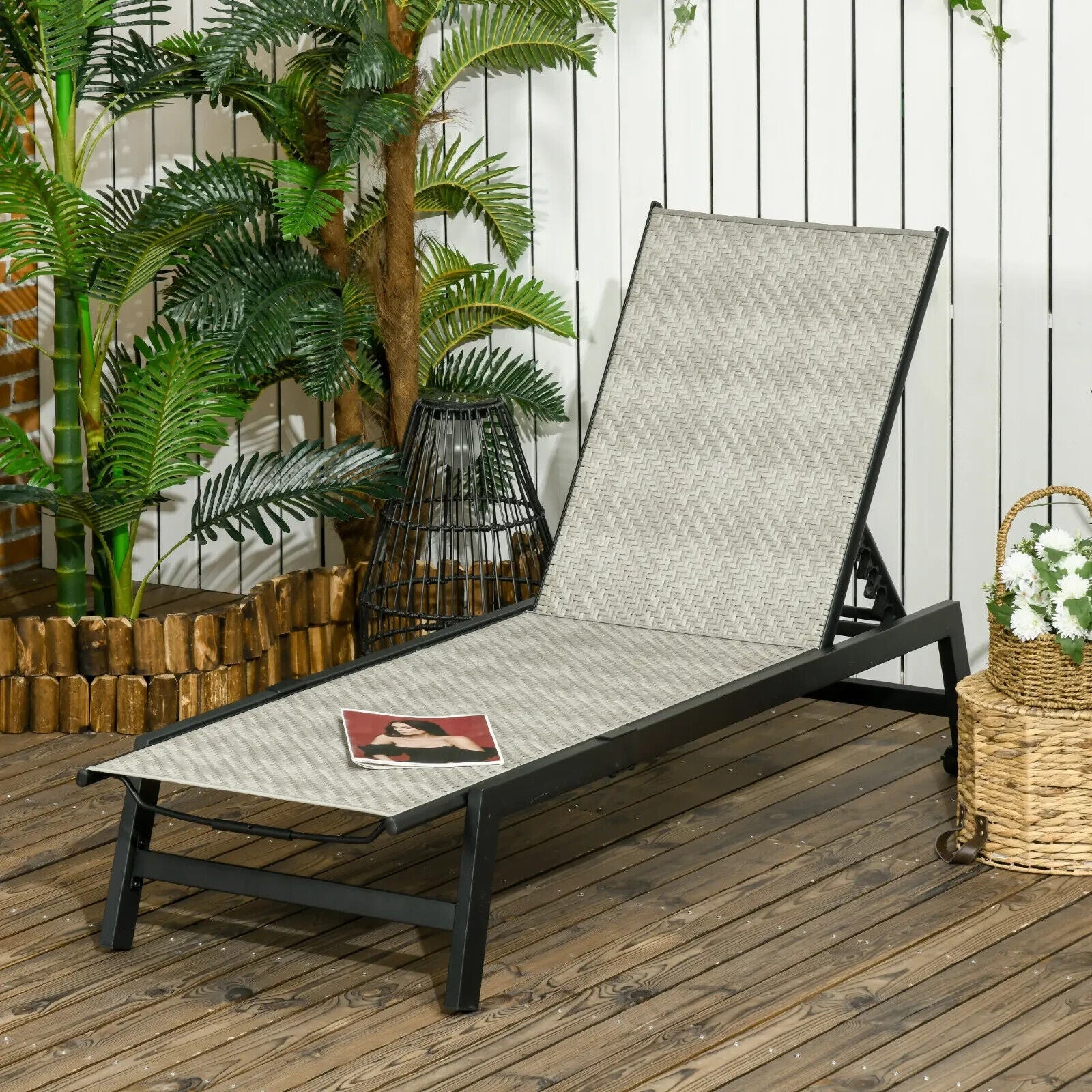 Outdoor PE Rattan Sun Loungers with 5 Position Backrest & Wheel for Garden Grey - Home and Garden Furniture Shop - #rustic - furniture#