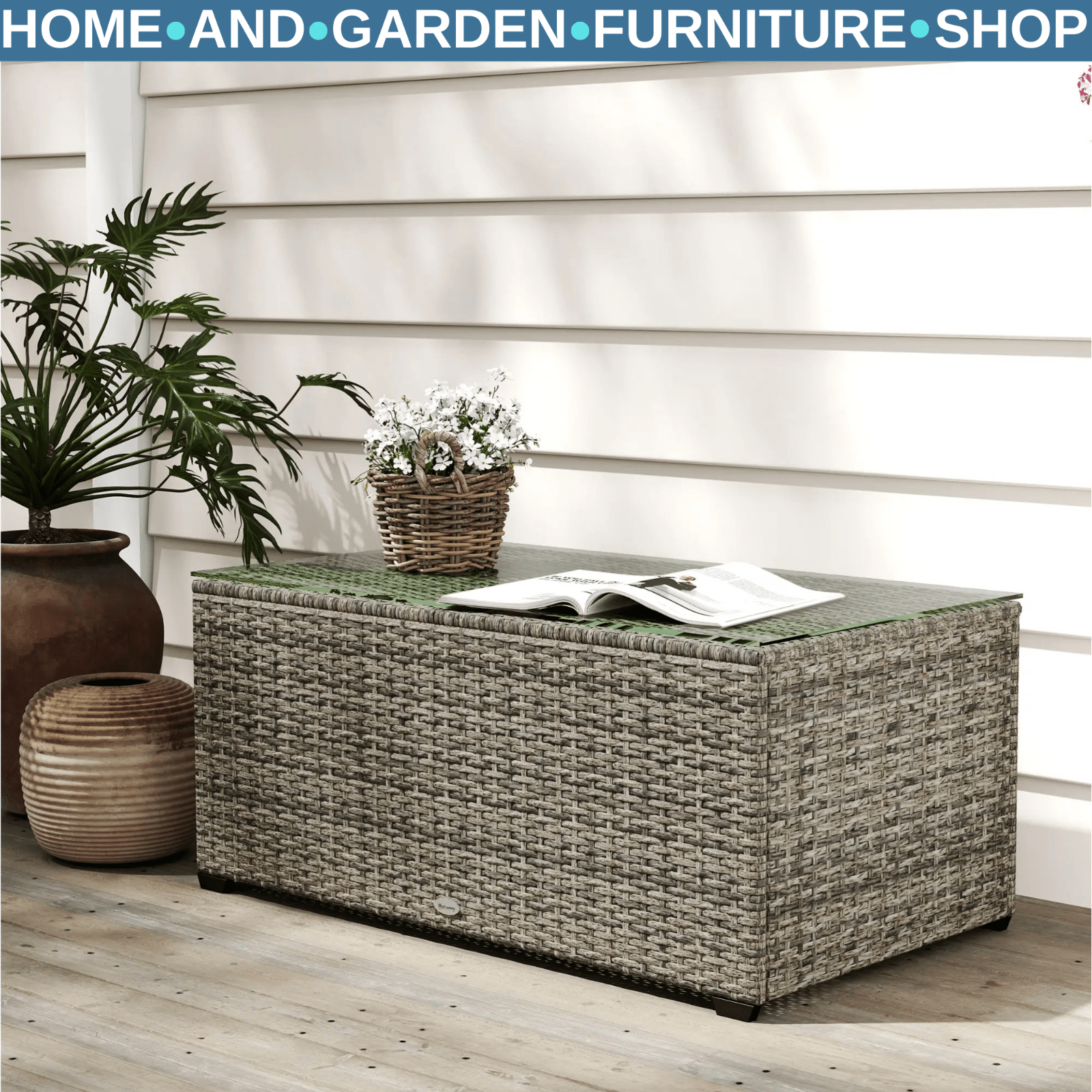 Outdoor Rattan Coffee Table with Glass Top Garden Patio Side Table Dark Grey - Home and Garden Furniture Shop - #rustic - furniture#