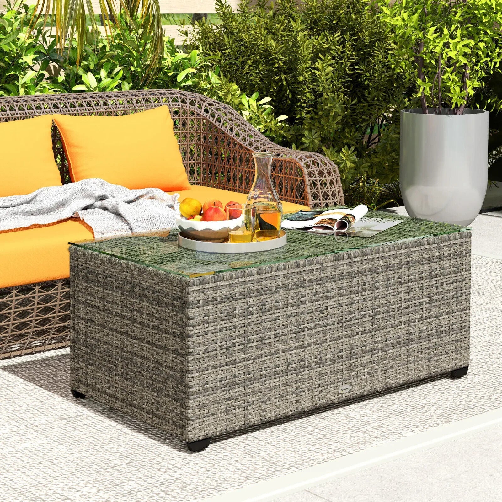 Outdoor Rattan Coffee Table with Glass Top Garden Patio Side Table Dark Grey - Home and Garden Furniture Shop - #rustic - furniture#