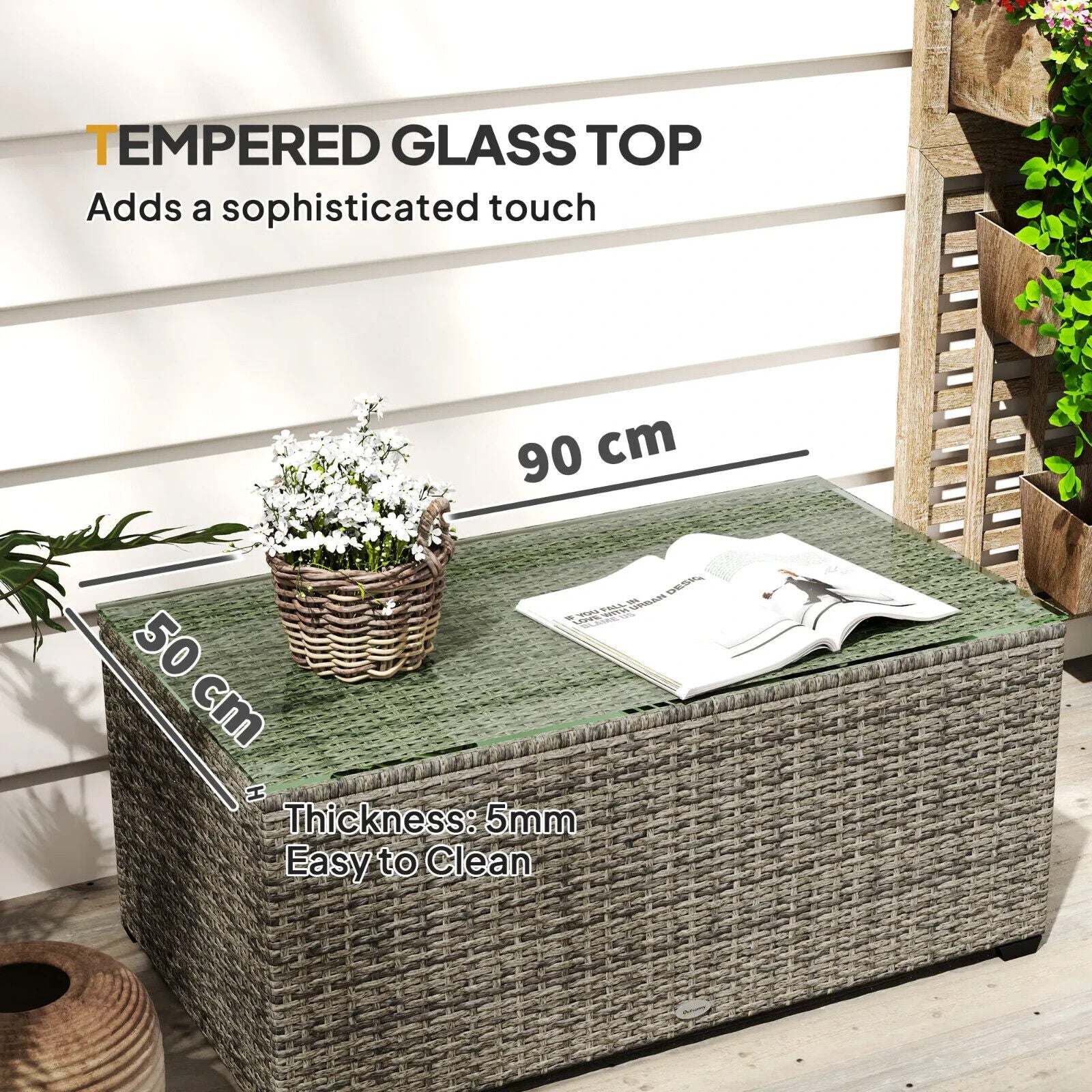 Outdoor Rattan Coffee Table with Glass Top Garden Patio Side Table Dark Grey - Home and Garden Furniture Shop - #rustic - furniture#
