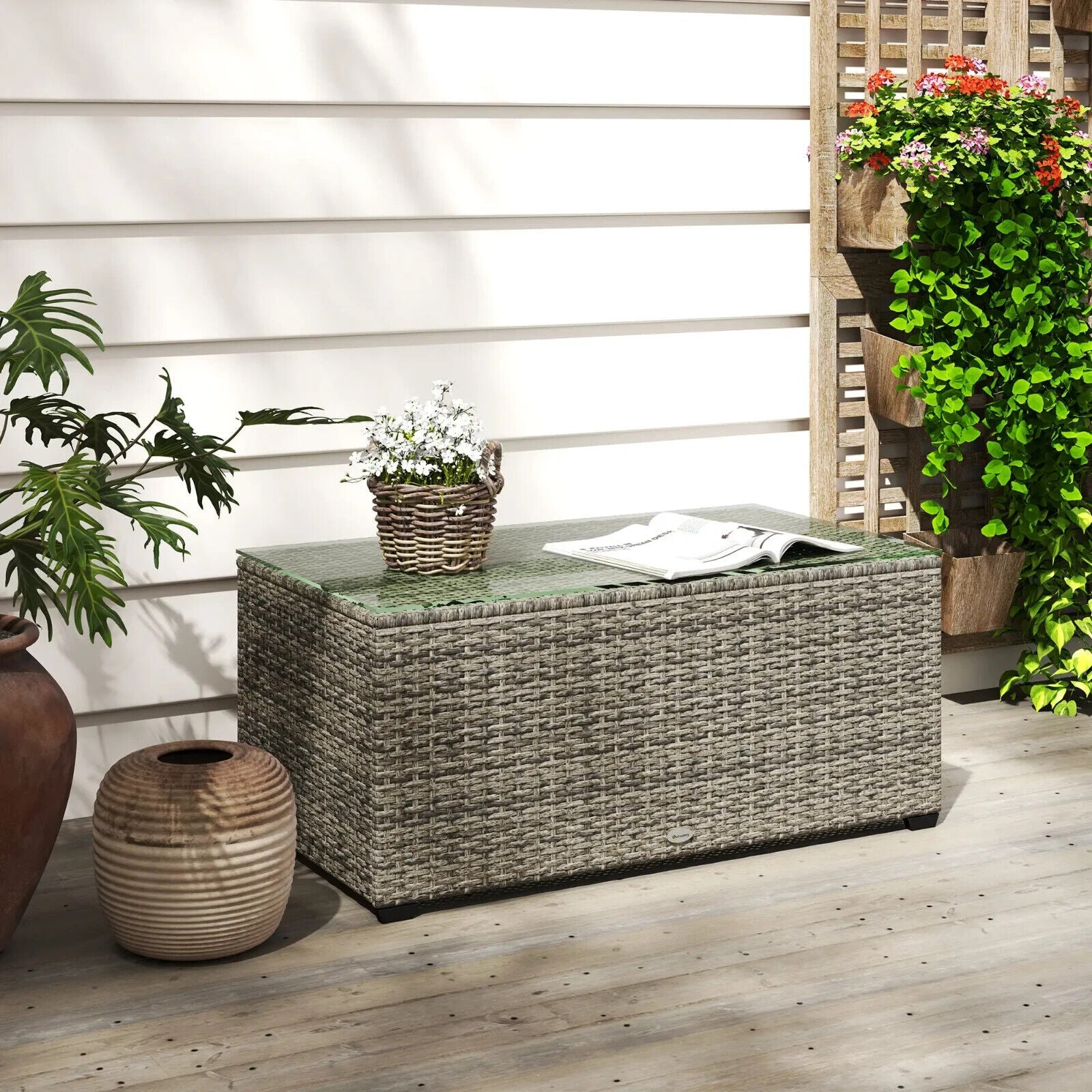 Outdoor Rattan Coffee Table with Glass Top Garden Patio Side Table Dark Grey - Home and Garden Furniture Shop - #rustic - furniture#