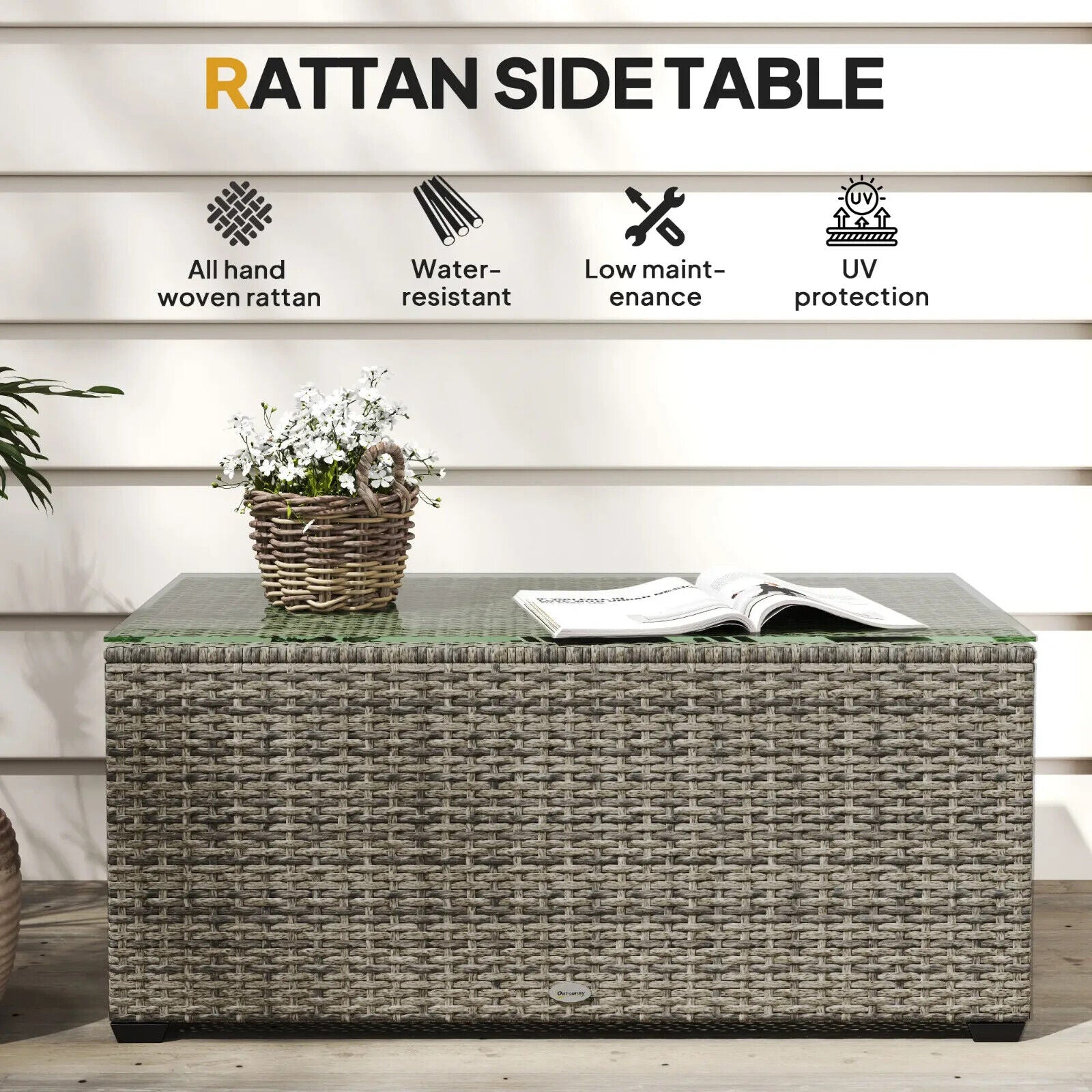 Outdoor Rattan Coffee Table with Glass Top Garden Patio Side Table Dark Grey - Home and Garden Furniture Shop - #rustic - furniture#