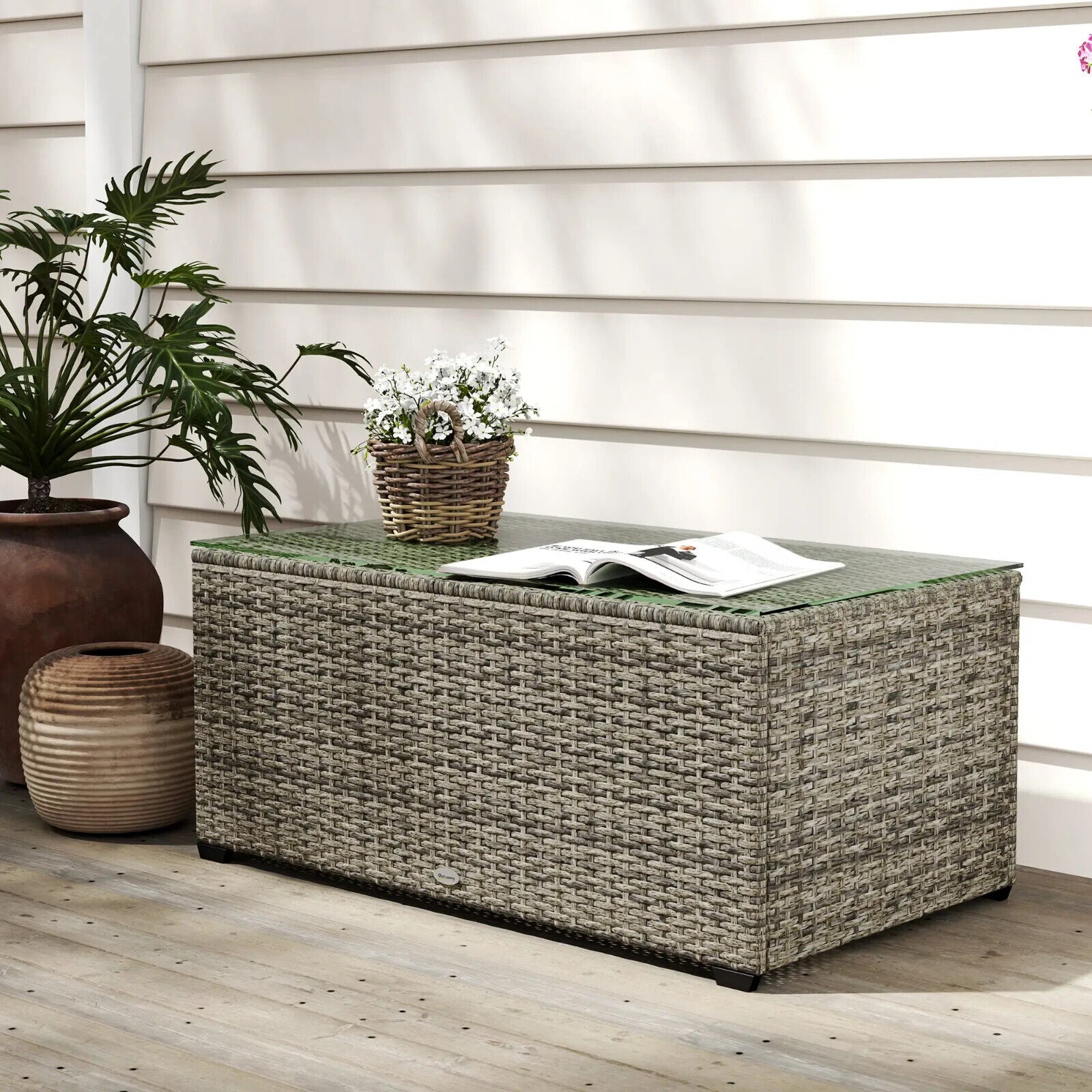 Outdoor Rattan Coffee Table with Glass Top Garden Patio Side Table Dark Grey - Home and Garden Furniture Shop - #rustic - furniture#