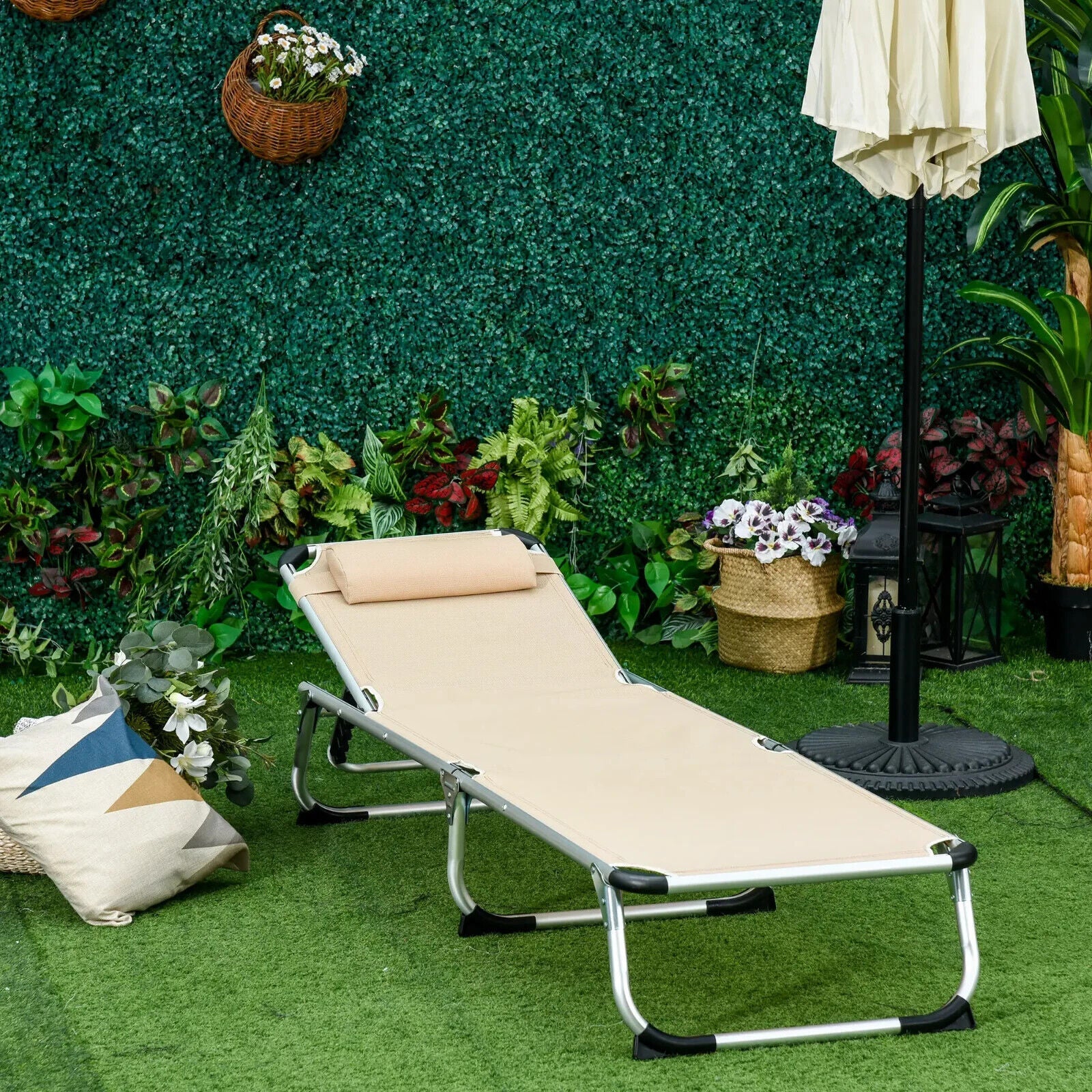 Outdoor Reclining Sun Lounger Chair With Pillow Aluminium Frame Garden Beige - Home and Garden Furniture Shop - #rustic - furniture#