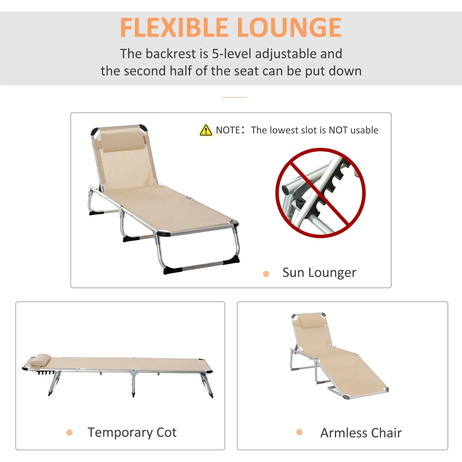 Outdoor Reclining Sun Lounger Chair With Pillow Aluminium Frame Garden Beige - Home and Garden Furniture Shop - #rustic - furniture#