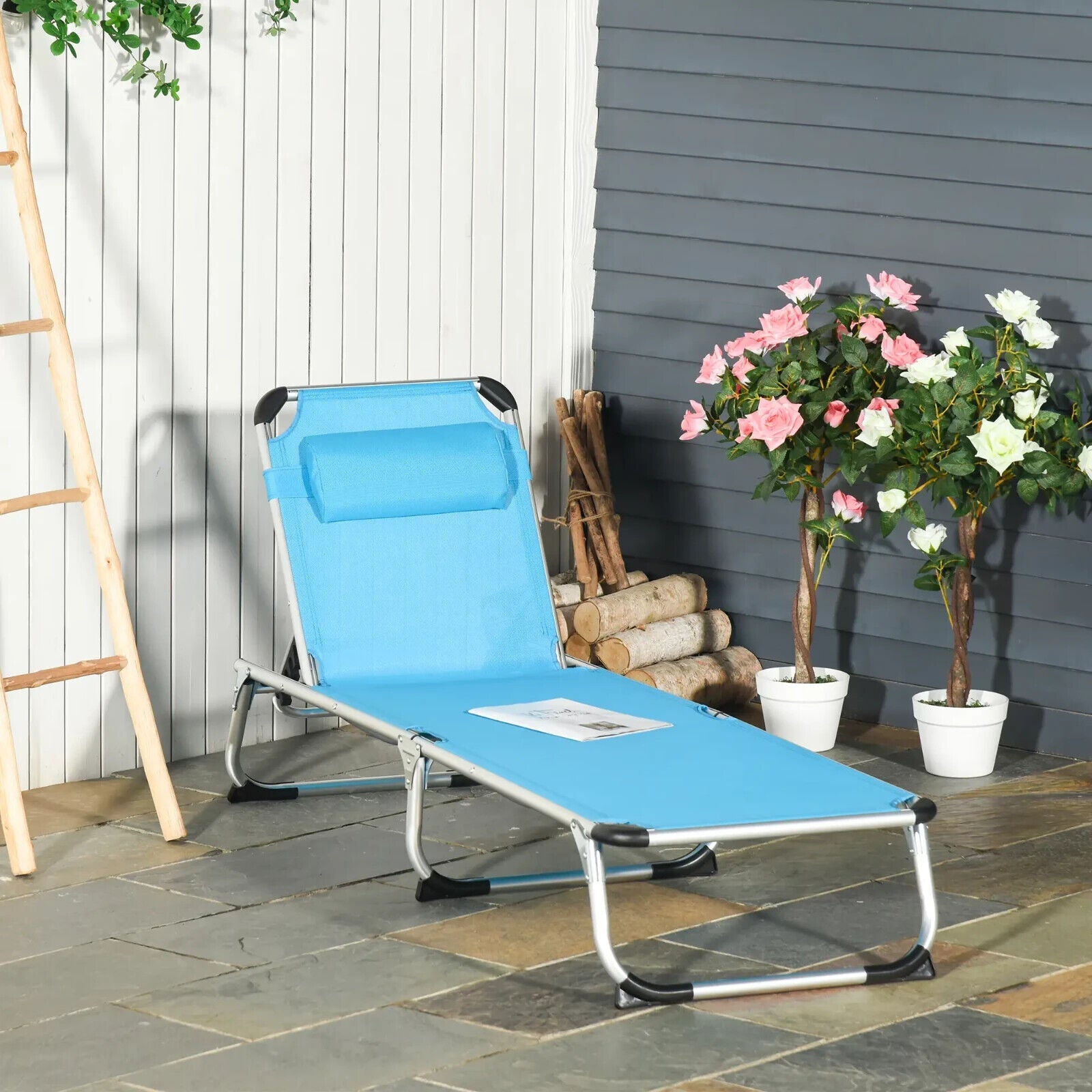 Outdoor Reclining Sun Lounger Chair With Pillow Aluminium Frame Garden Blue - Home and Garden Furniture Shop - #rustic - furniture#