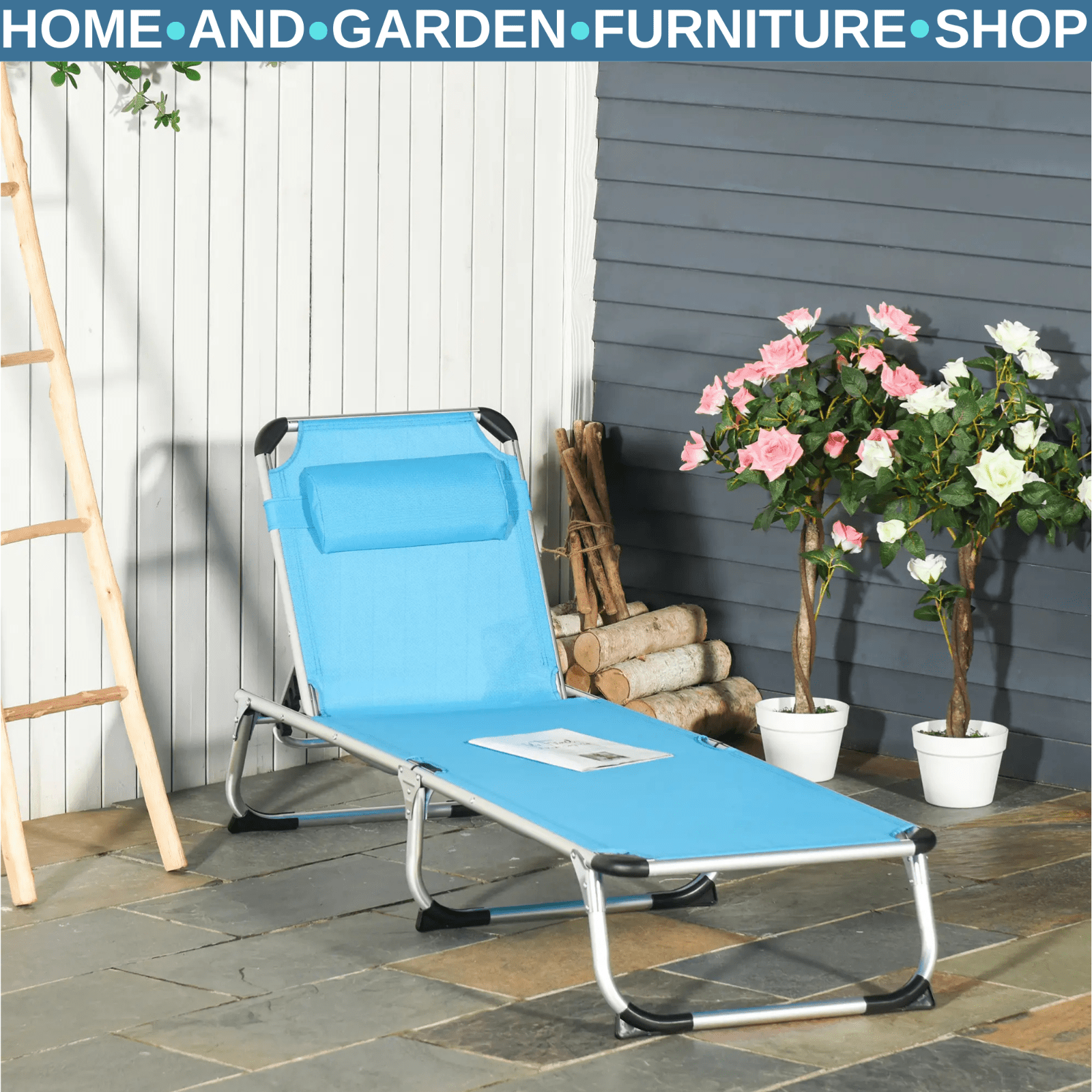 Outdoor Reclining Sun Lounger Chair With Pillow Aluminium Frame Garden Blue - Home and Garden Furniture Shop - #rustic - furniture#