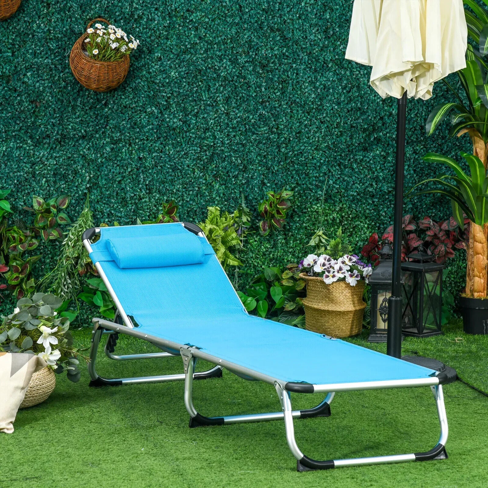 Outdoor Reclining Sun Lounger Chair With Pillow Aluminium Frame Garden Blue - Home and Garden Furniture Shop - #rustic - furniture#