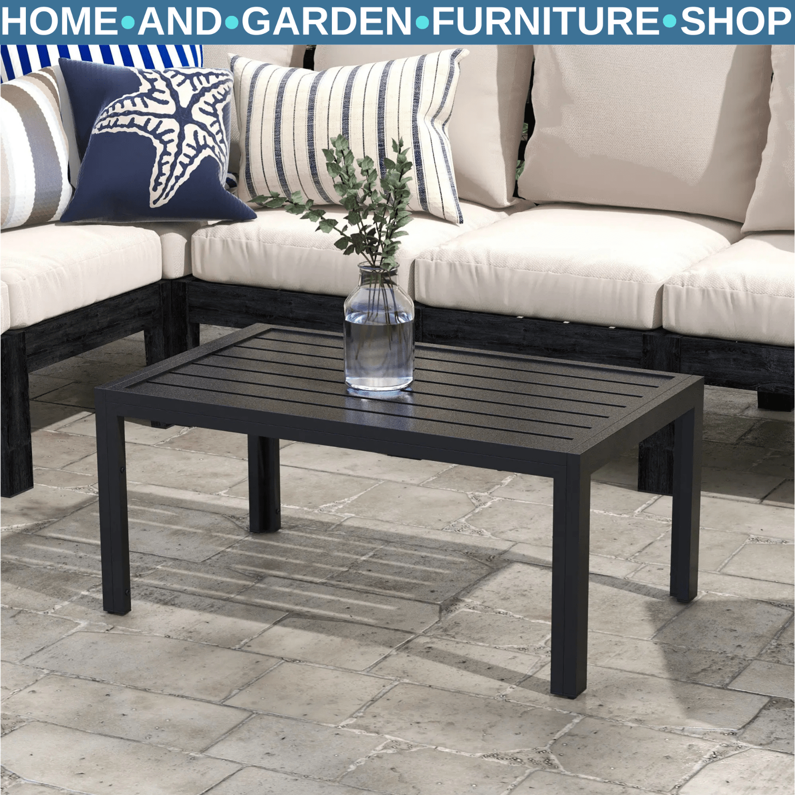 Outdoor Side Table Rectangular Patio Coffee Table with Steel Frame & Slat Table - Home and Garden Furniture Shop - rustic - furniture