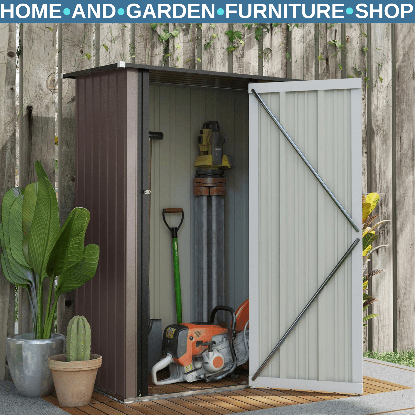 Outdoor Storage Shed Steel Garden Shed w/ Lockable Door Brown Patio Tool Shed - Home and Garden Furniture Shop - rustic - furniture