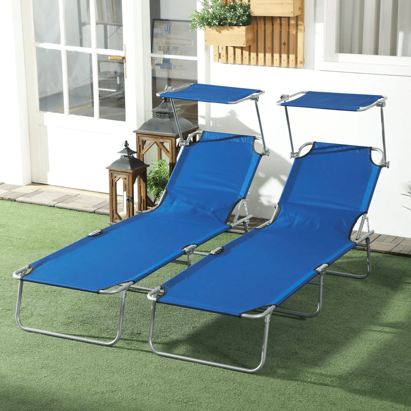 Outdoor Sun Lounger Recliner Chairs Set of 2 Foldable Day Bed Sun Canopy Patio - Home and Garden Furniture Shop - #rustic - furniture#