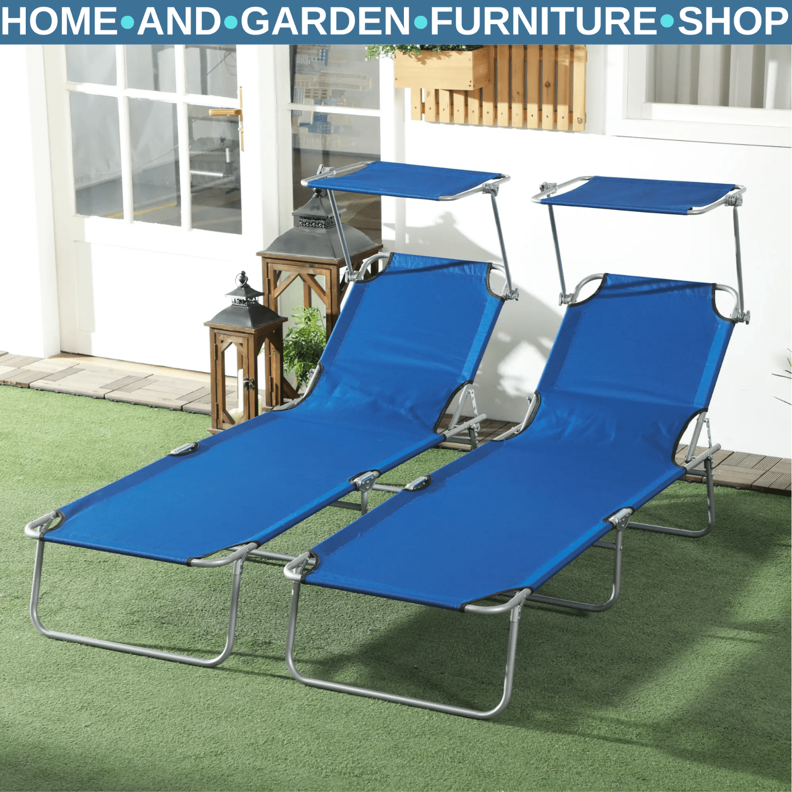 Outdoor Sun Lounger Recliner Chairs Set of 2 Foldable Day Bed Sun Canopy Patio - Home and Garden Furniture Shop - #rustic - furniture#