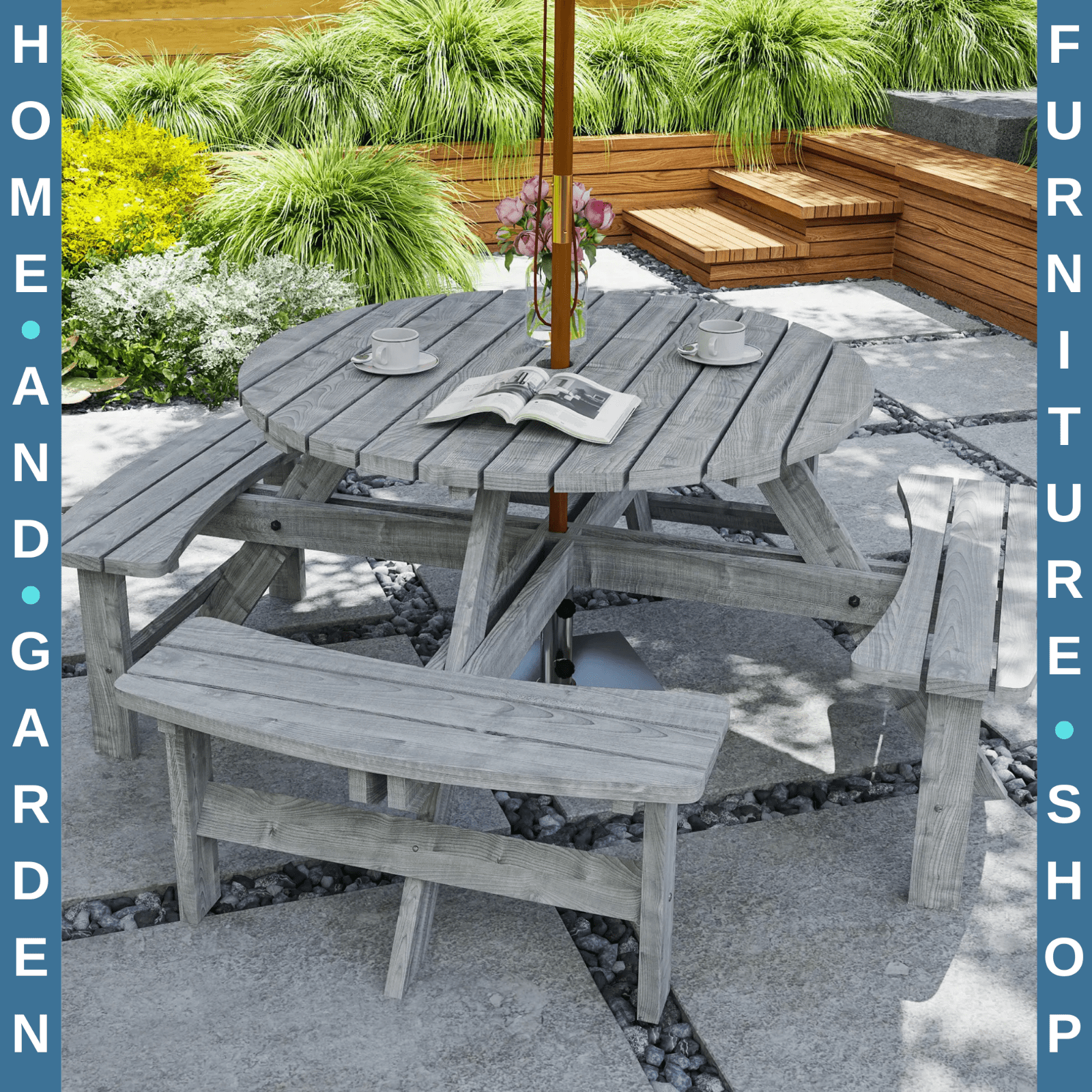 Outdoor Wooden Picnic Table with Bench 8 Seater Parasol Hole Grey Patio Round - Home and Garden Furniture Shop - rustic - furniture