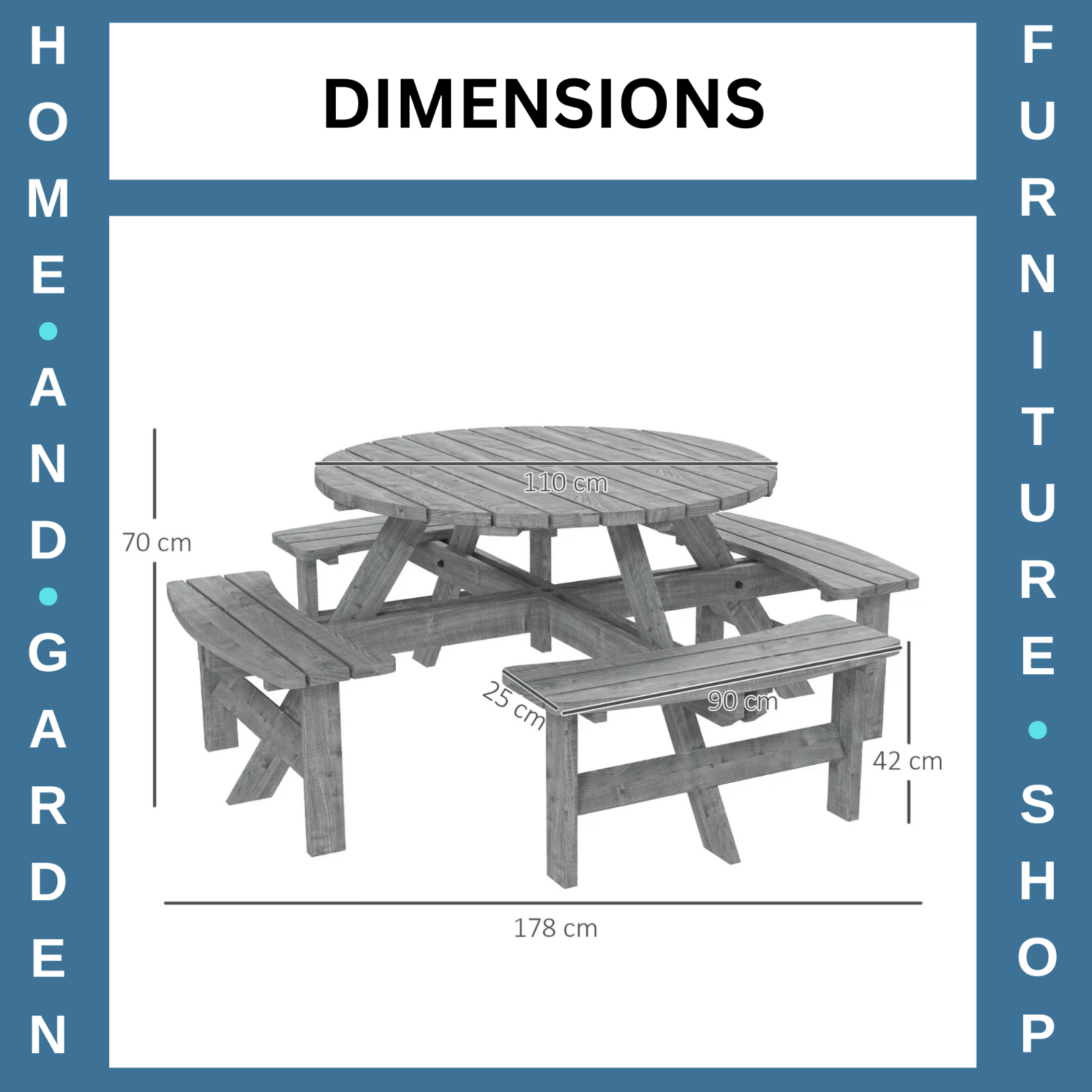 Outdoor Wooden Picnic Table with Bench 8 Seater Parasol Hole Grey Patio Round - Home and Garden Furniture Shop - rustic - furniture