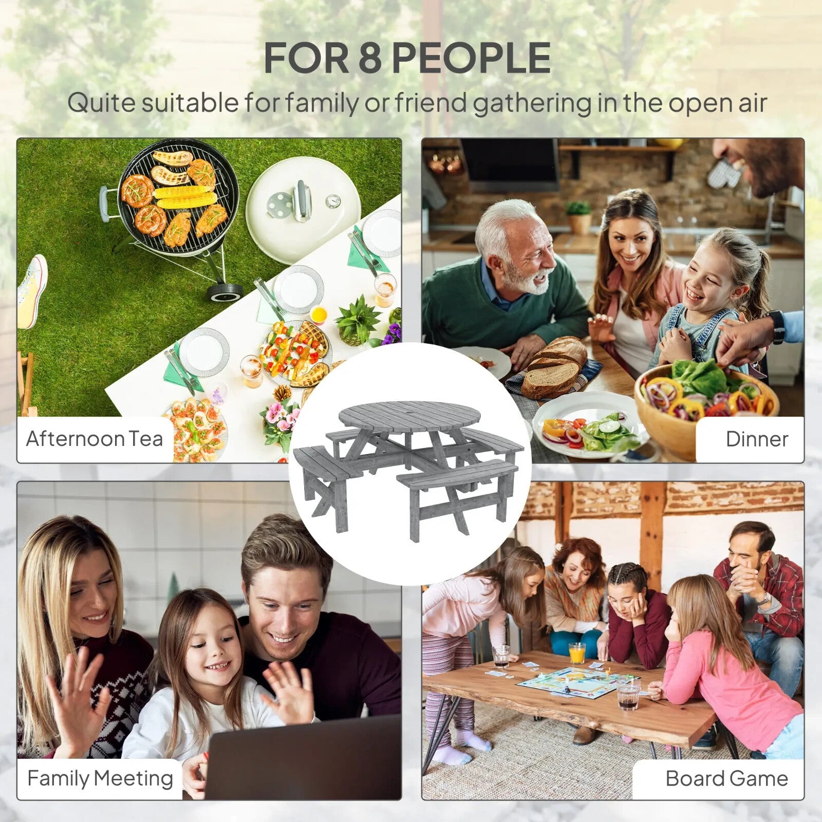 Outdoor Wooden Picnic Table with Bench 8 Seater Parasol Hole Grey Patio Round - Home and Garden Furniture Shop - rustic - furniture