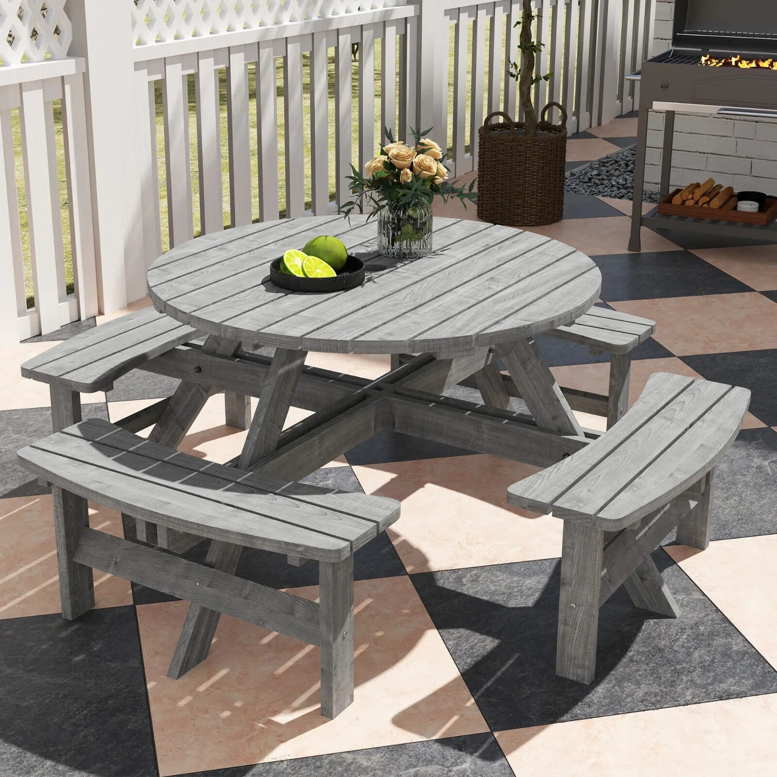 Outdoor Wooden Picnic Table with Bench 8 Seater Parasol Hole Grey Patio Round - Home and Garden Furniture Shop - rustic - furniture