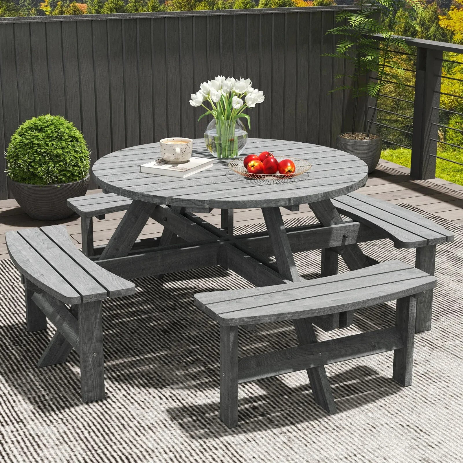 Outdoor Wooden Picnic Table with Bench 8 Seater Parasol Hole Grey Patio Round - Home and Garden Furniture Shop - rustic - furniture
