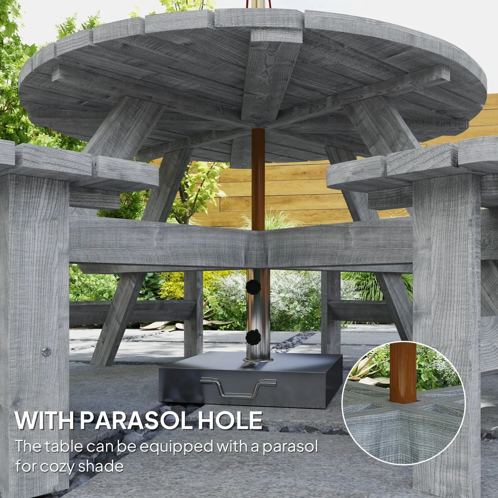 Outdoor Wooden Picnic Table with Bench 8 Seater Parasol Hole Grey Patio Round - Home and Garden Furniture Shop - rustic - furniture