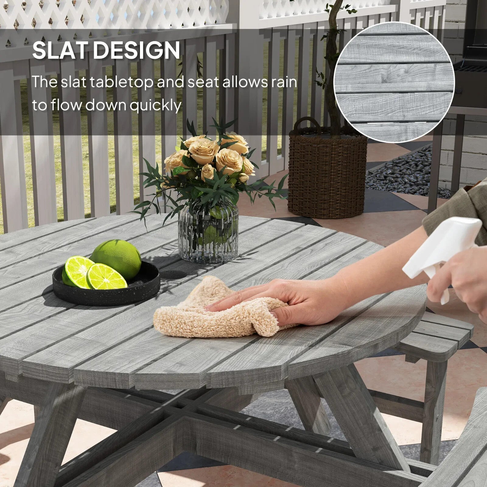 Outdoor Wooden Picnic Table with Bench 8 Seater Parasol Hole Grey Patio Round - Home and Garden Furniture Shop - rustic - furniture