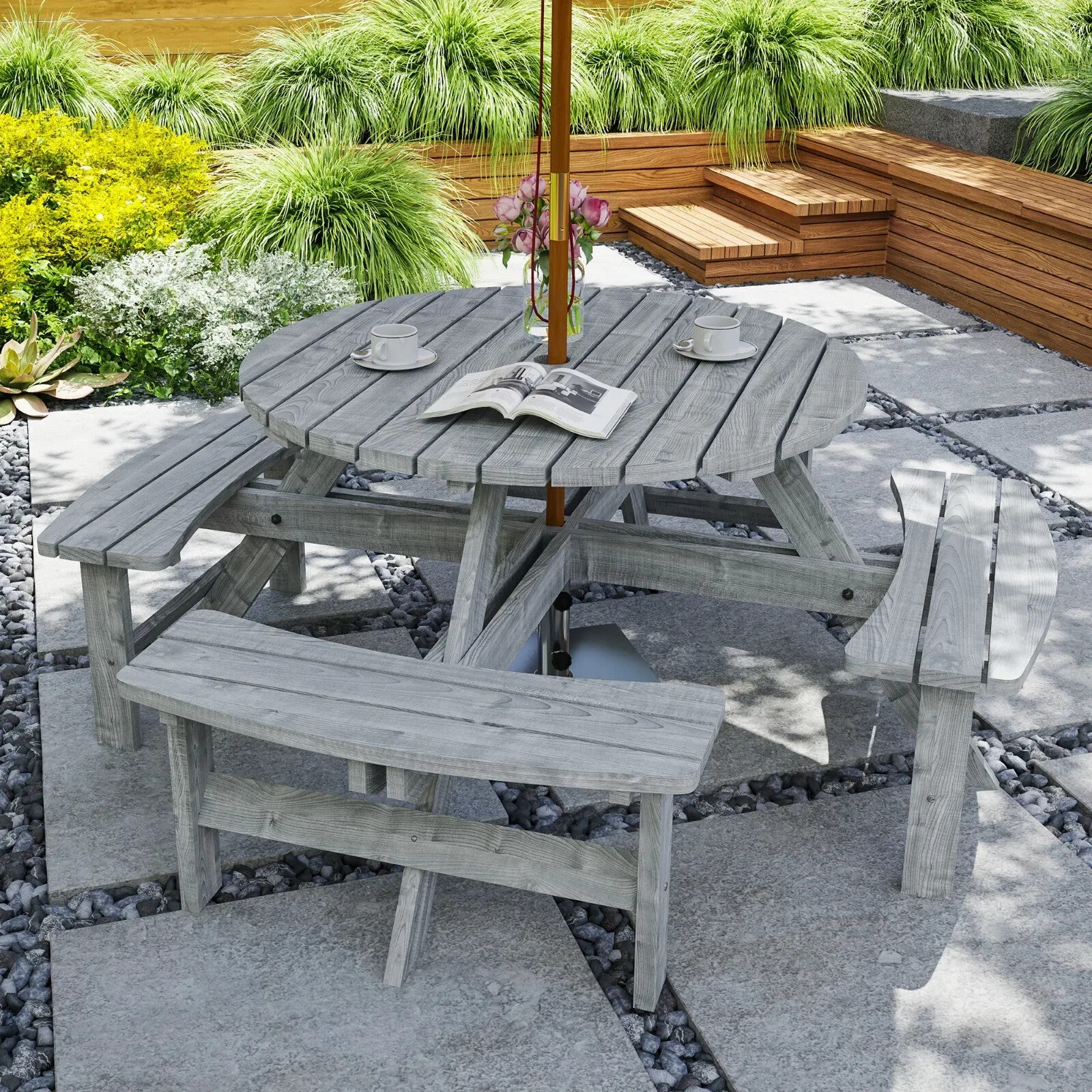 Outdoor Wooden Picnic Table with Bench 8 Seater Parasol Hole Grey Patio Round - Home and Garden Furniture Shop - rustic - furniture