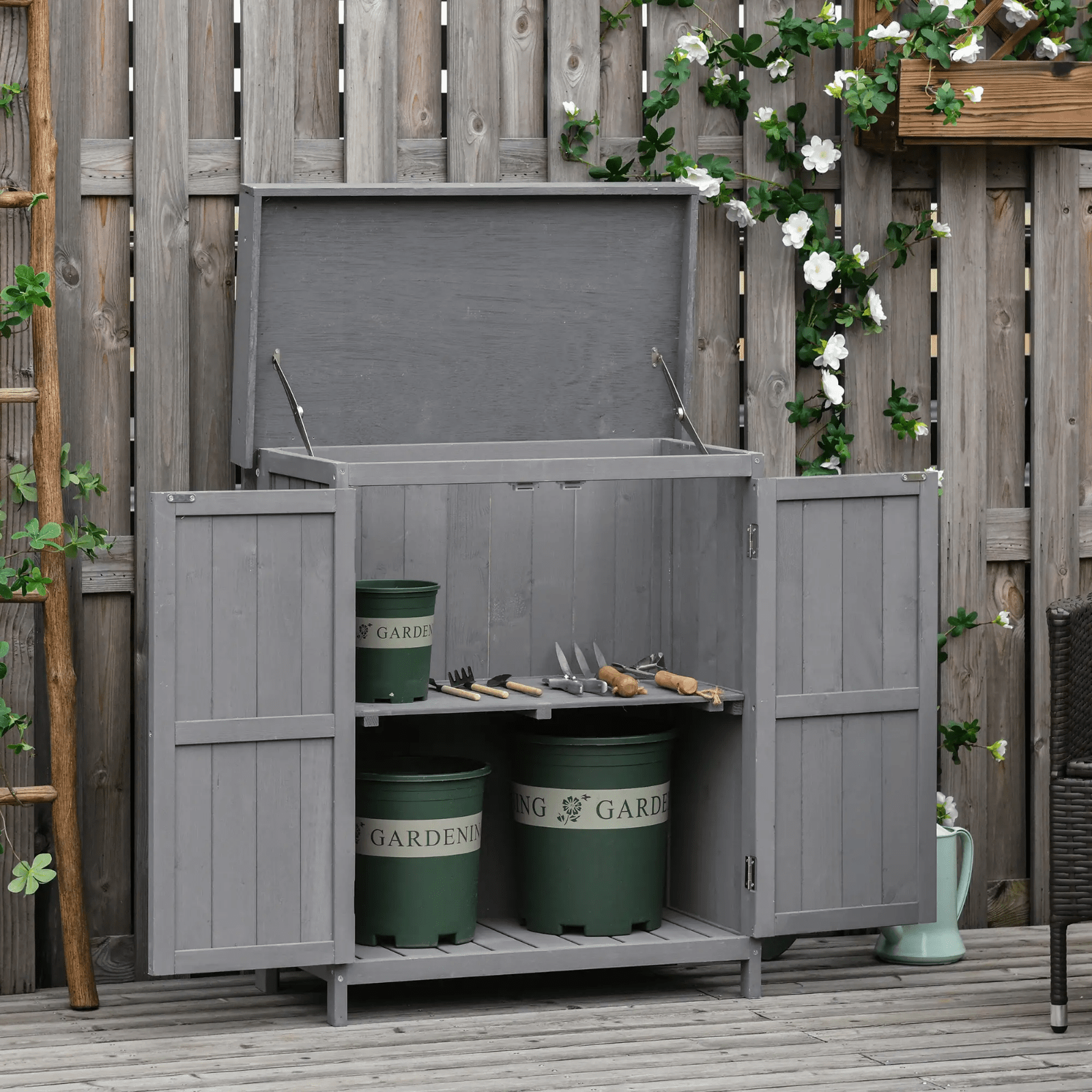 Outdoor Wooden Storage Shed Garden Tool Box Hinged Roof Doors Grey for Gardening - Home and Garden Furniture Shop - rustic - furniture