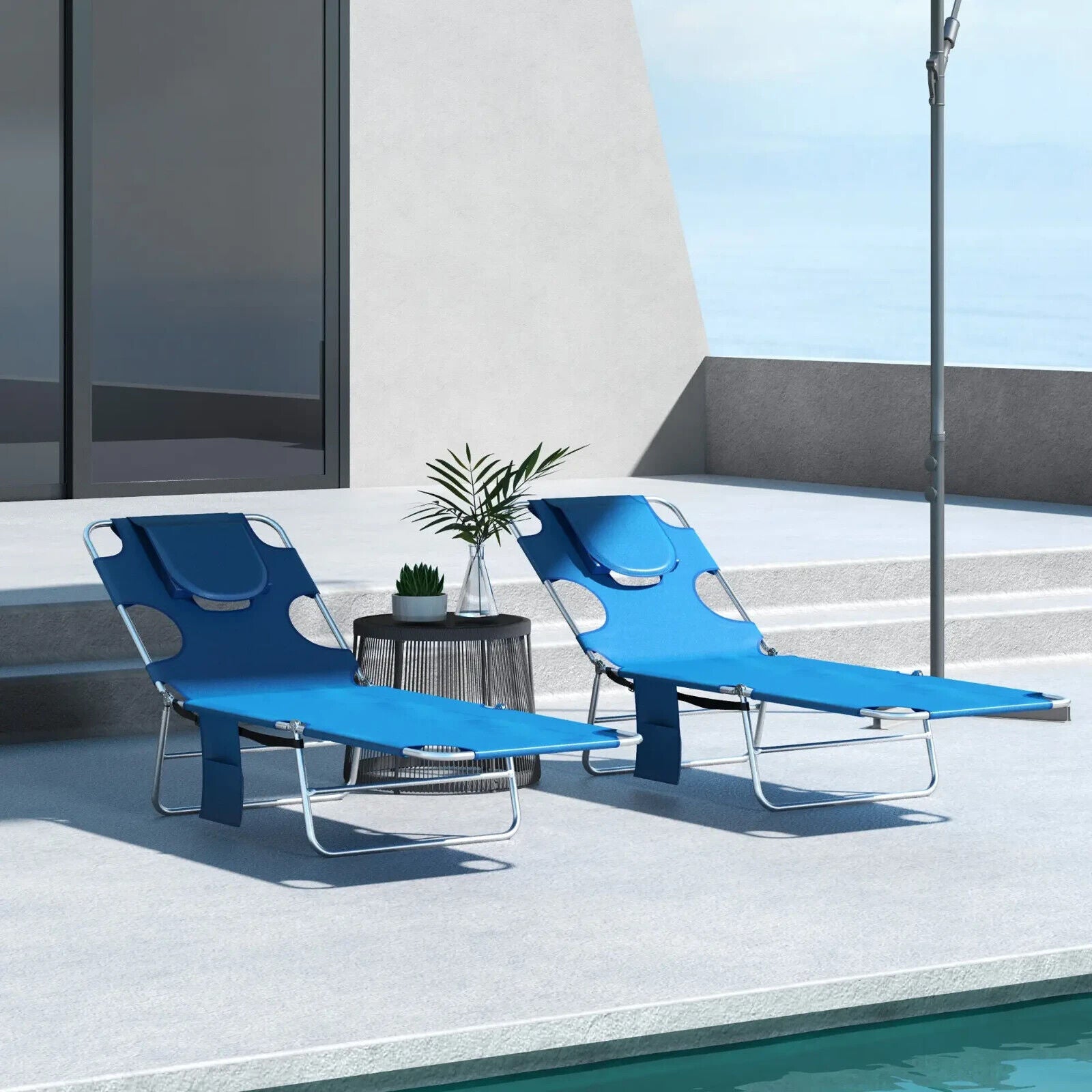 Outsunny 2 Pcs Chaise Lounge Portable Adjustable Backrest with Face Cavity Blue - Home and Garden Furniture Shop - #rustic - furniture#