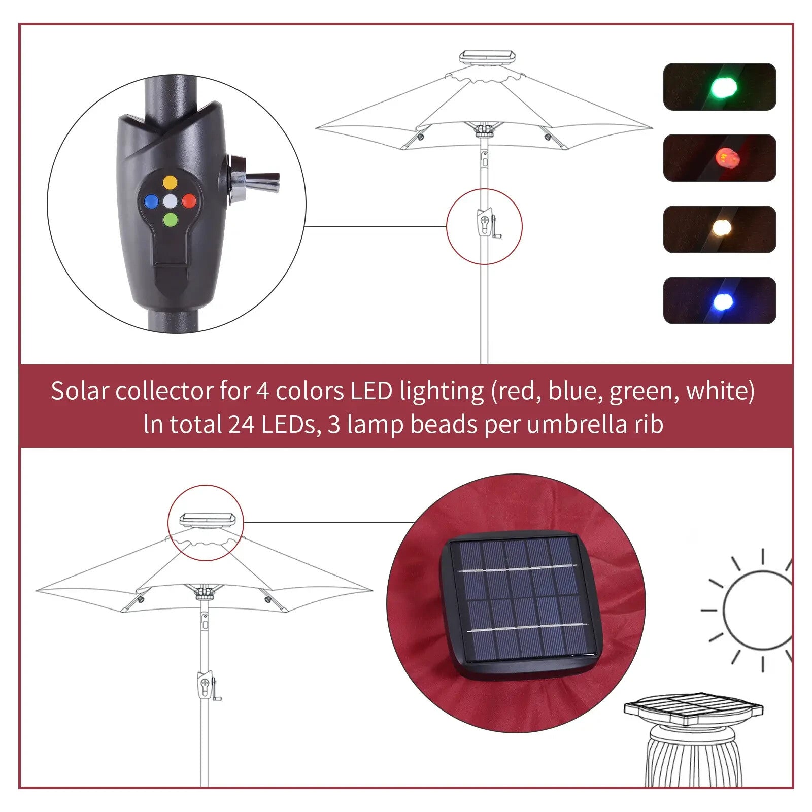 Parasol Umbrella Shade Metal Frame w/ 24 Solar LED Lights & Hand Crank Wine Red - Home and Garden Furniture Shop - rustic - furniture