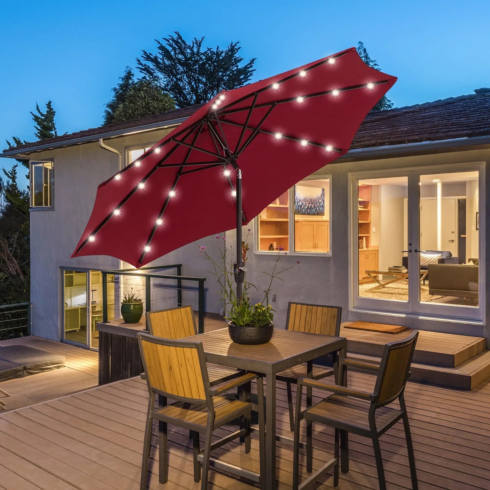 Parasol Umbrella Shade Metal Frame w/ 24 Solar LED Lights & Hand Crank Wine Red - Home and Garden Furniture Shop - rustic - furniture