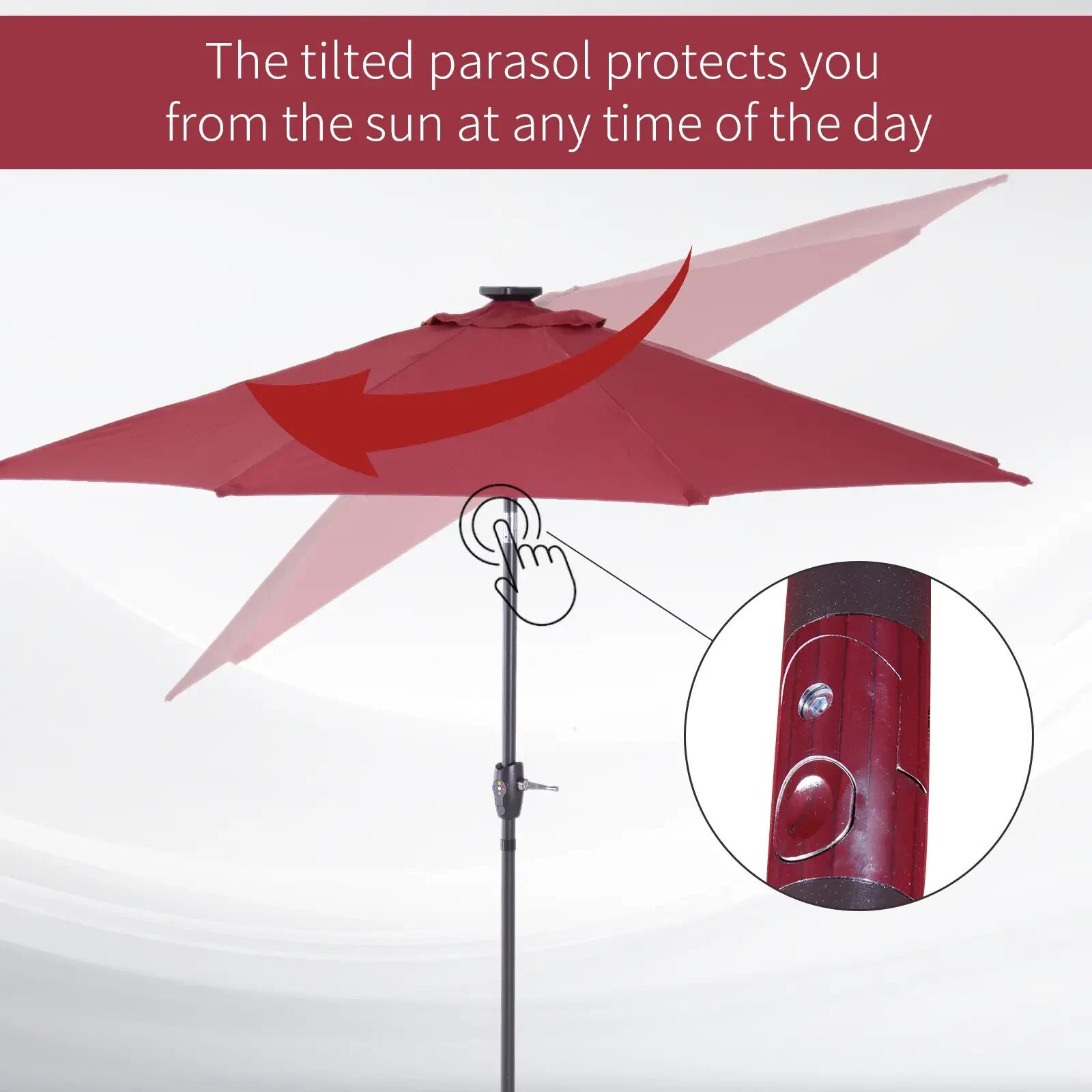 Parasol Umbrella Shade Metal Frame w/ 24 Solar LED Lights & Hand Crank Wine Red - Home and Garden Furniture Shop - rustic - furniture