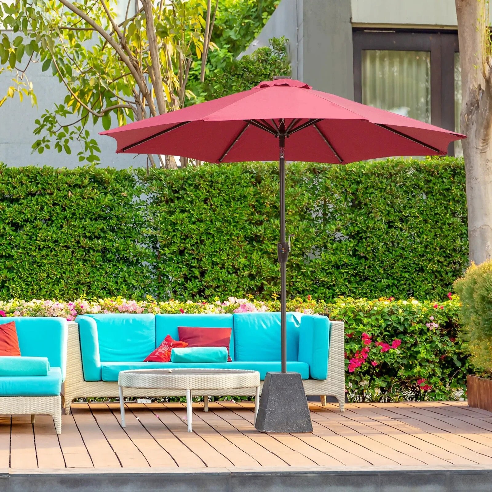 Parasol Umbrella Shade Metal Frame w/ 24 Solar LED Lights & Hand Crank Wine Red - Home and Garden Furniture Shop - rustic - furniture