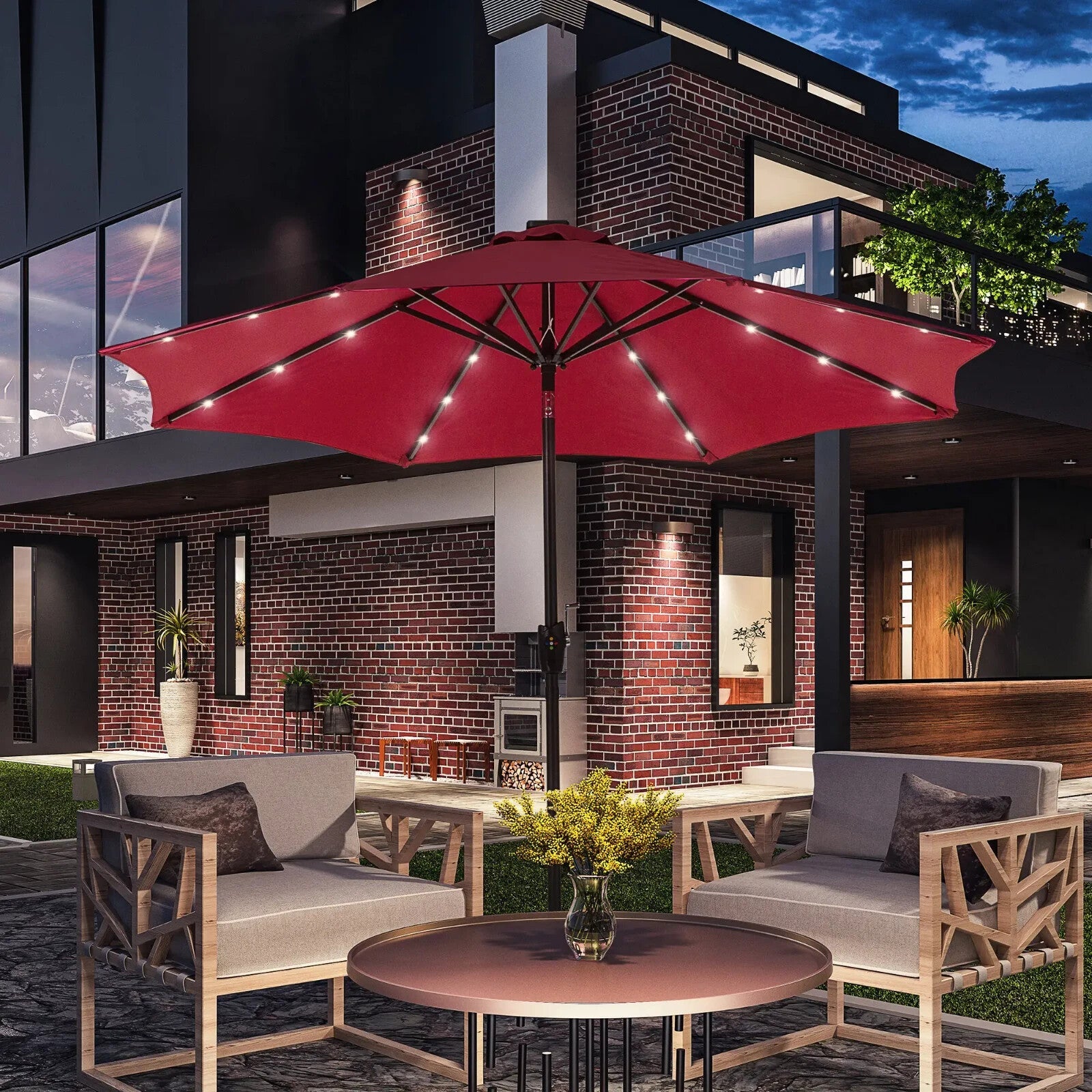 Parasol Umbrella Shade Metal Frame w/ 24 Solar LED Lights & Hand Crank Wine Red - Home and Garden Furniture Shop - rustic - furniture