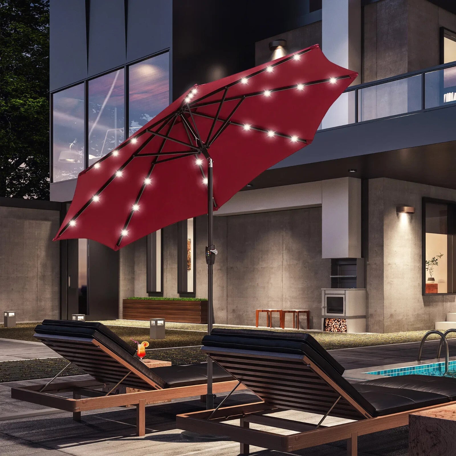 Parasol Umbrella Shade Metal Frame w/ 24 Solar LED Lights & Hand Crank Wine Red - Home and Garden Furniture Shop - rustic - furniture