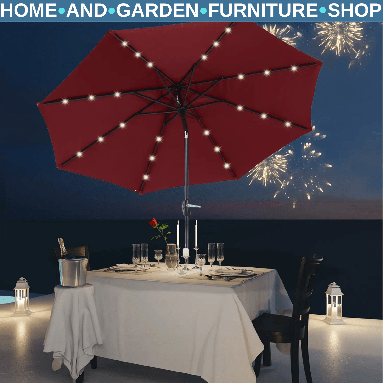 Parasol Umbrella Shade Metal Frame w/ 24 Solar LED Lights & Hand Crank Wine Red - Home and Garden Furniture Shop - rustic - furniture