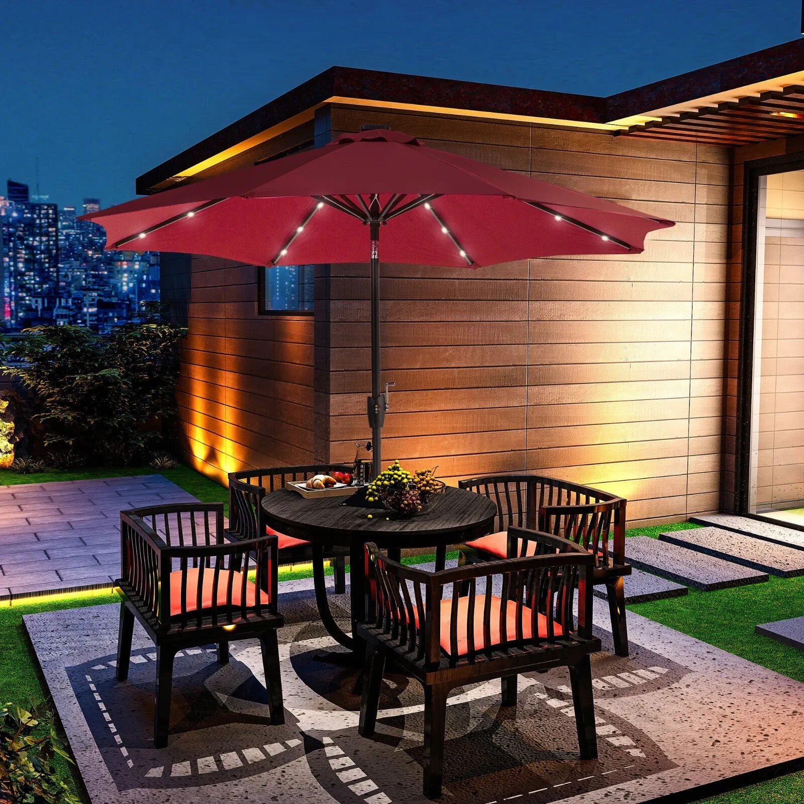 Parasol Umbrella Shade Metal Frame w/ 24 Solar LED Lights & Hand Crank Wine Red - Home and Garden Furniture Shop - rustic - furniture